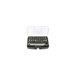 Jeu d'embouts de vissages

- embouts en acier s2 
- porte embouts clé cliquet 72 dents

composition:
- 26 embouts: 4ph(1.2.3). 3pz(1.2.3).3 fente(4.5.5.5.6.5mm . 4 6pans (3.4.5.6).6 torx (t10.15.20.25.30.40)
- un adaptateur 1/4