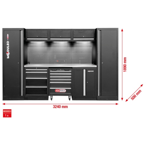 Mobilier d'atelier Moduleo droit 3240 x 500&nbsp;mm prise et eclairage compris