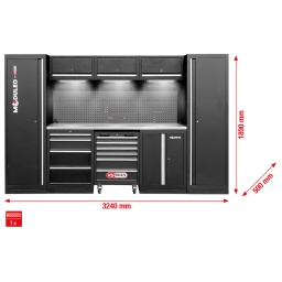Structure robuste en t&ocirc;le d&rsquo;acier de 0,8&nbsp;mm d&rsquo;&eacute;paisseur
Rev&ecirc;tement par poudrage de haute qualit&eacute;
Syst&egrave;me modulaire
Aucune fixation murale n&eacute;cessaire&nbsp;: peut &ecirc;tre mont&eacute; de mani&egrave;re ind&eacute;pendante
Plan de travail en acier inoxydable de haute qualit&eacute; avec structure en MDF
Trois lampes LED magn&eacute;tiques c&acirc;bl&eacute;es incluses pour un &eacute;clairage optimal de la zone de travail
Tapis d&rsquo;atelier de haute qualit&eacute; inclus
Combinaison de prises commutables int&eacute;gr&eacute;es dans le panneau arri&egrave;re avec 4&nbsp;Schuko, 1&nbsp;USB-A et 1&nbsp;USB-C 2,1&nbsp;A
Servante d&rsquo;atelier int&eacute;gr&eacute;e avec 6&nbsp;tiroirs (4x 75&nbsp;mm, 2x 150&nbsp;mm)
Armoire basse avec 4&nbsp;tiroirs (1x 75&nbsp;mm, 1x 150&nbsp;mm, 2x 230&nbsp;mm)
Dimensions int&eacute;rieures des tiroirs&nbsp;: 568 x 407&nbsp;mm
Glissi&egrave;re &agrave; roulements &agrave; billes
2 x Armoire XXL avec 5&nbsp;&eacute;tag&egrave;res (1x fixe + 4x variables)
Armoire basse avec 2&nbsp;&eacute;tag&egrave;res (1x fixe + 1x variable)
Trois armoires suspendues avec deux v&eacute;rins &agrave; gaz pour chacune d&rsquo;entre elles
Panneau post&eacute;rieur avec perforation carr&eacute;e pour crochets, &oelig;illets et autre mat&eacute;riel de fixation (matrice du trou 10 x 10&nbsp;mm, d&eacute;coupe 38&nbsp;mm)
Capacit&eacute; de charge des tiroirs jusqu&rsquo;&agrave; 35&nbsp;kg
Capacit&eacute; de charge des armoires suspendues jusqu&rsquo;&agrave; 30&nbsp;kg
Capacit&eacute; de charge des &eacute;tag&egrave;res jusqu&rsquo;&agrave; 25&nbsp;kg
Instructions de montage et outils de montage inclus
Pieds r&eacute;glables pour un alignement pr&eacute;cis sur les sols irr&eacute;guliers
Les plinthes cachent les pieds de r&eacute;glage et emp&ecirc;chent l&rsquo;accumulation de salet&eacute;s
Composants verrouillables pour plus de s&eacute;curit&eacute;
