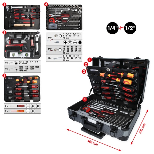 Coffret de douilles et cliquets 1/4'' + 1/2'' 130 pcs