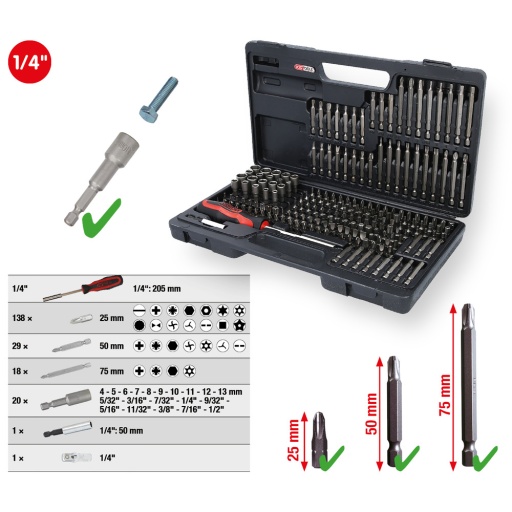 Coffret d&rsquo;embout 1/4''  208 pcs