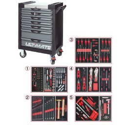 Servante d'atelier 7 tiroirs Ultimate
- Composition 187 outils
Tiroir 1 : Douille 1/4 - douille 1/2 - douille longue 
Tiroir 2: clés mixte, marteau
Tiroir 3: tournevis plat, cruciforme, torx, clésallen torx
Tiroir 4: Pinces, pinces etaux, limes
Tiroir 5: Scie, grattoir, tenaille, pied à coulisse
la servante d'atelier kstools. série ultimate. est le modèle de desserte d'atelier. le plus haut de gamme  de la marque. ks tools. 
les tiroirs de la servante d'atelier ultimate, possedent un système de glissière à roulements à billes (résistance 45kg). Equipé du système "one by one"., ouverture d'un seul tiroir a la fois, vous pouvez deplacer votre servante d'atelier sans forcement l'a fermer a clé !
Les tiroirs de cette servante ont une grande capacité. 40cm de profondeur par 57cm de largeur, tout les tiroirs de cette servante d'atelier sont fournis avec un tapis mousse, a installer au fond. 
Le plan de travail des servantes d'atelier Ultimate est recouvert d'un plateau inox et de boitier "range visserie" sur les cotés,
Au niveau du chassis, les pans de cette servante d'atelier sont perfores, se qui vous permet l'instalation de nombreuses options. tel que. un dérouleur de papier, des crochets de fixations...
Cette gamme  de servante d'atelier repond parfaitement au rangement pour le mécanicien, carrossier, mais aussi pour les métiers de l'industrie (rangement d'outils de tours / fraiseuse...) ainsi que des domaines tel que le medical. l'aéronotique...
- construction a pans coupés renforçant la structure du bati
- système "one by one" antibasculement 
- panneau lateral déporté et pré-percé pour fixation de crochet et accessoires
- 2 roues fixes grand diamètre pour une meilleure stabilite et un déplacement aise sur tous types de sols
- 2 roues pivotantes avec système de freinage total
- plan de travail avec rangements et recouvert inox
- tiroirs sur glissieres à billes extra-resistant (45 kg par tiroir)
- tiroirs à ouverture totale
- fermeture totale et simultanee des tiroirs par serrure 
- poignée tubulaire de manutention
- finition "Ultimate"
 Composition :
Module 54 pièces douilles et accessoires 1/4’’ ref : 713.1020  
- Cliquet réversible 72 dents
- 1x Poignée emmanchée 1/4’’
- 2x Rallonges 1/4’’ : L. 50 mm et L. 100 mm
- 1x Rallonge flexible : L. 150 mm
- 1x Poignée coulissante T : L. 115 mm
- 1x Cardan universel 1/4"
- 13x Douilles 1/4’’ : 4 - 4,5 - 5 - 5,5 - 6 - 7 - 8 - 9 - 10 - 11 - 12 - 13 - 14 mm
- 8x Douille longue 1/4" : 6 - 7 - 8 - 9 - 10 - 11 - 12 - 13
- 1x Porte embout 1/4" 
- 3x Embouts de vissage Fente 4 - 5,5 - 8 mm 
- 3x Embouts de vissage PHILLIPS® PH 1 - PH 2 - PH3 
- 2x Embouts de vissage POZIDRIV® PZ 1 - PZ 2 
- 6x Embouts de vissage 6 pans : 3 - 4 - 5 - 6 - 7 - 8  mm
- 7x Embouts de vissage TORX® profil E T10 - T15 - T20 - T25 - T27 - T30 - T40
​- 4x Embouts de vissage 12 pans : M4 - M5 - M6 - M8
Module de douilles et accessoires ULTIMATE 1/2'' , 24 pièces  ref : 713.1024  
- 1 x Cliquet réversible 72 dents
- 2 x Rallonges : 125 - 250 mm
- 1 x Cadran universel 1/2"
- 1 x Bague coulissante 3/8" x 1/2"
- 17 x Douilles : 10 - 11 - 12 - 13 - 14 - 15 - 16 - 17 - 18 - 19 - 20 - 21 - 22 - 24 - 27 - 30 - 32 mm
- 2 x Douilles longues : 16 - 21 mm
Module de douilles longues et accessoires 1/2",  17 pièces ref : 713.1026 
- 1 x Rallonge : 125 mm
- 2 x Rallonges à verrouillage : 75 - 250 mm
- 10 x Douilles : 10 - 11 - 12 - 13 - 15 - 17 - 19 - 22 - 24 - 27 mm
- 4 x Douilles 6 pans : 14 - 16 - 18 - 21 mm
Module de clés mixtes ULTIMATE, 17 pièces ref : 713.2017  
- 17 x Clés mixtes : 6 - 7 - 8 - 9 - 10 - 11 - 12 - 13 - 14 - 15 - 16 - 17 - 18 - 19 - 20 - 21 - 22 mm
Module de clés mixtes ULTIMATE, 5 pièces ref : 713.2015 
- 5 x Clés mixtes : 24 - 27 - 29 - 30 - 32 mm
Module d'outils de frappe manche bois, 9 pièces ref : 713.1101  
- 1 x Burin de carossier extra-plat : 250 mm
- 6 x Chasse goupilles brunis : 3 - 4 - 5 - 6 - 10 mm
- 1 x Marteau rivoir : 600g
- 1 x Maillet à embouts plastique interchangeables : 340g

Module de vissage, 28 pièces ref : 712.5028  
- 1 x Tournevis ULTIMATE tom pouce Fente : 6,5 mm
- 3 x Tournevis ULTIMATE Fente : 3,5 - 5,5 - 8 mm
- 1 x Tournevis ULTIMATE tom pouce PHILLIPS : PH2
- 3 x Tournevis ULTIMATE PHILLIPS : PH1 - PH2 - PH3
- 1 x Tournevis ULTIMATE tom pouce PROZIDRIV : PZ2
- 3 x Tournevis ULTIMATE PROZIDRIV : PZ1 - PZ2 - PZ3
- 1 x Jeu de clés mâles 6 pans à tête sphérique longues : 2 - 2,5 - 3 - 4 - 5 - 6 - 8 - 10 mm
- 1 x Jeu de clés mâles TORX longues : T10 - T15 - T20 - T25 - T30 - T40 - T45 - T50
Module de tournevis ULTIMATE TORX, 6 pièces ref : 713.5013 
- 6 x Tournevis ULTIMATE TORX : T10 - T15 - T20 - T25 - T30 - T40
Module de pinces, 4 pièces ref : 713.4014 
- 1 x Pince coupante diagonale : L. 160 mm
- 1 x Pince universelle : L. 180 mm
- 1 x Pince à bec demi-rond : L. 200 mm
- 1 x Pince multiprises à verrouillage : L. 250 mm
Module de pinces étaux GRIPfix Xtreme, 3 pièces ref : 713.1003  
- 2 x Pinces étaux GRIPfix Xtreme : 175 - 250 mm
- 1 x Pince  étau auto-ajustable à bec long : 150 mm
Module de limes demi-douces, 4 pièces ref : 713.3004 
- 1 x Râpe plate emmanchée : 200 mm
- 1 x Râpe demi-onde emmanchée : 200mm
- 1 x Râpe ronde emmanchée : 200 mm
- 1 x Râpe triangulaire emmanchée : 200 mm
Module d'outils de coupe, 8 pièces ref : 712.9009 
- 1 x Monture de scie métallique : 300 mm
- 1 x Tenailles russes gainées : 190 mm
- 1 x Cutter universel à lame sécable
- 1 x Lames de rechange : 10 x 18 mm
- 1 x Ciseaux d'électricien
- 1 x Grattoir à lame rétractable
- 1 x Grattoir emmanché désaxé
- 1 x Grattoir à lame inox
Module d'outils de mesure, 7 pièces ref : 713.8007 
- 1 x Calibre à coulisse digital : 0 - 150 mm
- 1 x Réglet flexible : 300 - 13 mm
- 1 x Mètre à ruban : 5 m x 19 mm
- 1 x Pointe à tracer en carbure à corps 6 pans : 145 mm
- 1 x Jauge de filetage : 0,40 - 6 mm - ISO
- 1 x Jauge d'épaisseur : 0,05 - 1 mm
- 1 x Aimant magnétique : 130 - 630 mm 
- poids 57kg
- dimension hors tout : l678xl459xh859 (hauteur avec roues 1035mm 
- roue dia 125mm larg 50mm 