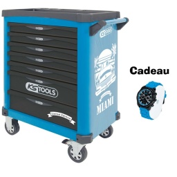 Servante d'atelier 7 tiroirs ks tools MIAMI 
Dimensions des tiroirs :
5 x H 75 x L 568 x P 398 mm
2 x H 154 x L 568 x P 398 mm
- Charge maxi. admissible en statique : 450 kg
- Charge maxi par tiroir : 40 kg
- Poids de la servante à vide : 49,4 kg
Ouverture individuelle et totale des tiroirs
Fermeture centralisée par serrure latérale
Glissières à roulements à billes
4 roues robustes 125 mm dont 2 directionnelles avec frein
Servante atelier de la marque ks tools. finition Miami. parfaite pour une utilisation dans les milieux salissants (garage. industrie...)
Pour l'achat de cette servvante, 1 montre offerte, + une participation au tirage au sort, pour gagner un voyage de 7 jours à Miami, condition concours ci dessous 
https://www.kstools.fr/reglement-complet-du-jeu-ks-tools-miami/
