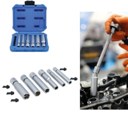Douille articulée pour bougies d'allumage et bougies de préchauffage, conçue pour la dépose et l'installation de ces bougies sans risque de dommage, avec capuchons de protection pour les bougies de préchauffage PSG.

Carré de 1/4" tailles : 8 et 9 mm x hexagonale simple (6 pans). Longueur totale : 95 mm.
Carré de 3/8" tailles : 10, 12, 16 mm x hexagonale simple (6 pans) ; 14 mm x bi-hexagonale (12 pans). Longueur totale : 95 mm.
La conception spéciale longue et mince à rotule permet d'installer et de déposer facilement les bougies d'allumage et de préchauffage à siège profond.
6 capuchons de protection en plastique pour bougies de préchauffage PSG.
Douilles en chrome-vanadium à finition satinée.