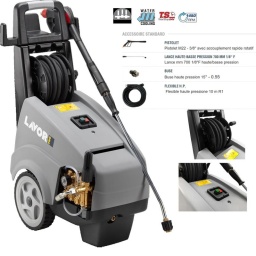Nettoyeur haute pression pro, 
Moteur électrique 4 pôles (1450 tr/min) avec protection thermique et refroidissement à eau
Pompe linéaire 3 pistons céramique, tête de pompe en laiton avec vanne by-pass incorporée 
Clapets aspiration / refoulement acier inox 
T.S basse tension et arrêt total temporisé
Aspiration du détergent evac reservoir intègré 2,8L
Régulateur de pression 
Manomètre à bain de glycérine 
Support  d’accessoires 
Poignée ergonomique
Avec enrouleur
- Pression 200 bar
- Débit 900l/h
- Puissance 7000w 400v
- Dimensions 61x40x91cm / 69kg
- Motopompe MPW5 / 1450RPM