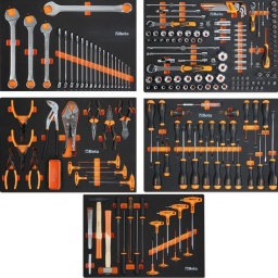 Composition de 231 outils
clés mixtes 6-7-8-9-10-11-12-13-14-15-16-17-18-19-20-21-22-24-27-30-32 mm 
96T clés mâles 6 pans à poignée en T 2-2,5-3-4-5-6-7-8 mm 8
marteau de mécanicien 300 g 
marteau de mécanicien 35 
burins nervurés 100-200mm 
limes demi-douces 200mmx5
96BPC/SC9 clés mâles 6 pans coudées à tête sphérique 1,5-2-2,5-3-4-5-6-8-10 mm
895/1douille porte-embouts 1/4 - 1/4 
895/3douille porte-embouts 1/4 - 3/8 
895/6douille porte-embouts 5/16 - 1/2 
900 douilles 6 pans avec carré conducteur femelle 1/4" 4-4,5-5-5,5-6-7-8-9-10-11-12-13-14mm
900L douille 6 pans série longue 5-6-7-8-9-10-11-12-13 mm 
900ME douilles tournevis pour vis 6 pans creux carré femelle 1/4 3-4-5-6-7 mm 
900LP douille tournevis pour vis à fente 0,8x4-1x5,5x1,2x6,5-1,2x8 mm 
900PH douille tournevis pour vis Phillips® PH1-PH2-PH3-PH4 
900TX douille tournevis pour vis Torx® T10-T15-T20-T25-T27-T30-T40 
900/16 augmentateur carré femelle 1/4"  et mâle 3/8" 1/4 - 3/8 1
900/20 rallonge - 1/4” 50 mm 1
900/20L rallonge - 1/4” 100 mm 1
900/21 rallonge - 1/4” 150 mm 1
900/25 cardan avec carrés mâle et femelle 1/4" 1
900BG/30 poignée emmanchée avec carré mâle 1/4" 176 mm 1
900/42 poignée coulissante avec carré mâle 1/4" 115 mm 1
900/55 cliquet réversible avec carré mâle 1/4"  125 mm 1
910A douilles 6 pans 3/8"  6-7-8-9-10-11-12-13-14-15-16-17-18-19-20-21-22 mm 17
910/15 Réducteur carré femelle 3/8" et mâle 1/4"  3/8 -  1/4 1
910/16 Réducteur carré mâle 1/2" et femelle 3/8"  3/8 -  1/2 1
910/21 rallonge - 3/8" 125 mm 1
910/22 rallonge - 3/8" 250 1
910/25 cardan 3/8" 1
910/42 poignée coulissante 3/8" 210 mm 1
910/55 cliquet réversible avec carré mâle 3/8"  200 mm 1
920A douilles 6 pans avec carré conducteur femelle 1/2" 8-10-11-12-13-14-15-16-17-18-19-20-21-22-23-24-26-27-28-30-32 mm 21
920/15 réducteur carré femelle 1/2" et mâle 3/8"  1/2 - 3/8 1
920/25 cardan 1/2" 1
920AN rallonge angulaire - 1/2” 125 mm 1
920AN rallonge angulaire - 1/2” 250 mm 1
920/42 poignée coulissante 1/2" 305 mm 1
920/55 cliquet réversible 1/2" 275 mm 1
956E douilles pour bougies 3/8" 6 mm (5/8")-17,8 (11/16")-20,8 (13/16") 3
97TTX tournevis pour vis Torx® T10-T15-T20-T25-T30 5
1084BM pince coupante diagonale à faible effort de coupe  160 mm 1
1150BM pince à becs demi-ronds longs 180 mm 1
1166BM pince à becs demi-ronds longs striés  branches gainées confort bi-matières 160 mm 1
1032 pinces pour circlips intérieurs à becs droits 19÷60 mm 1
1034 pinces pour circlips intérieurs à becs coudés 19÷60 mm 1
1036 pinces pour circlips extérieurs à becs droits 19÷60 mm 1
1038 pinces pour circlips extérieurs à becs coudés 19÷60 mm 1
1048 Pince multiprise entrepassée 250 mm 1
1052 pince - étau à becs droits 240 mm 1
1256/C36-2 micro-tournevis avec 36 embouts interchangeables de 4 mm et rallonge magnétique, poignée bi-matière 38
1201 tournevis pour vis Phillips® 04x2,5x50-0,5x3x75-0,8x4x100-1,0x5,5x125-1,2x6,5x150-1,2x8x200 mm 6
1201N tournevis à lame courte pour vis à fente 0,8x4x30 mm 1
1202 tournevis pour vis Phillips® PH0x60-PH1x80PH2x100PH3x150 mm 4
1202N tournevis à lame courte pour vis à empreinte Phillips® PH1x30 mm 1
1207TX tournevis pour vis Torx® T06-T07-T08-T09-T10-T15-T20-T25-T27-T30-T40-T45 
1253 tournevis détecteur de tension  0,5x3,5x100 mm