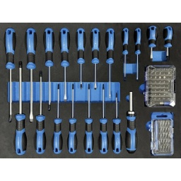 Composition
- 6 tournevis plats : 6x38, 3x75, 4x100, 5x75, 6x100, 8x150mm
- 5 tournevis Phillips : PH2x38, PH0x75, PH1x75, PH2x125, PH3x150
- 7 tournevis Torx : T10-15-20-25-27-30-40
- 1 tournevis porte-embouts 1/4"
- 21 lames de tournevis de précision : 4mm, longueur 38mm
- 45 embouts : 1/4", 25mm