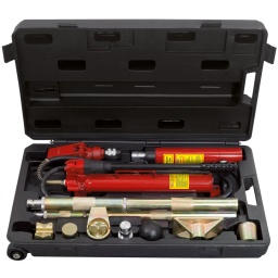 Pour pousser, pincer et écarter des pièces de carrosserie 
Pompe hydraulique manuelle 10 t, vérin, rallonge et divers accessoires inclus 
Livré dans un coffret à roulette en matière plastique 

