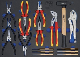 Étendue de la livraison :Pince pour circlips, droite, pour circlips extérieurs, 180 mmPince pour circlips, coudée, pour circlips extérieurs, 180 mmPince pour circlips, droite, pour circlips intérieurs, 180 mmPince pour circlips, coudée, pour circlips intérieurs, 180 mmPince universelle VDE, 180 mmPince téléphone VDE, 200 mmPince téléphone VDE, coudée, 200 mmPince coupante VDE, 160 mmPince multiprise VDE, 250 mmMarteau de serrurier, manche en hickory, DIN 1041, 500 gPince étau, avec levier de dégagement vinyle, 250 mm6 chasse-goupilles, 150 mm, tailles : 3 - 4 - 5 - 6 - 7 - 8 mm>>Hauteur de l'insert sans outils: 32 mm