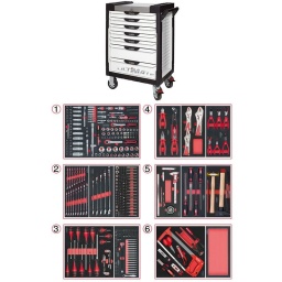 Servante d'atelier 7 tiroirs Ultimate
- Composition 452 outils
Tiroir 1 : Douille 1/4 - Douille 3/8 - Douille 1/2 - douille torx femelle et embouts 10mm torx, allen, xzn (finition mat)
Tiroir 2:  douilles torx femelle embout 10mm, clés mixtes
Tiroir 3: tournevis plat et cruciforme, embouts de vissages
Tiroir 4: pinces , etaux, circlips
Trioir 5: pied à coulisse, limes, martelleries
Tiroir 6 : monture de scie, tenaille, module de rangement
Servante d'atelier kstools. série ultimate. est le modèle de desserte d'atelier. le plus haut de gamme  de la marque. ks tools. 
les tiroirs de la servante d'atelier ultimate, possedent un système de glissière à roulements à billes (résistance 45kg). Equipé du système "one by one"., ouverture d'un seul tiroir a la fois, vous pouvez deplacer votre servante d'atelier sans forcement l'a fermer a clé !
Les tiroirs de cette servante ont une grande capacité. 40cm de profondeur par 57cm de largeur, tout les tiroirs de cette servante d'atelier sont fournis avec un tapis mousse, a installer au fond. 
Le plan de travail des servantes d'atelier Ultimate est recouvert d'un plateau inox et de boitier "range visserie" sur les cotés,
Au niveau du chassis, les pans de cette servante d'atelier sont perfores, se qui vous permet l'instalation de nombreuses options. tel que. un dérouleur de papier, des crochets de fixations...
Cette gamme  de servante d'atelier repond parfaitement au rangement pour le mécanicien, carrossier, mais aussi pour les métiers de l'industrie (rangement d'outils de tours / fraiseuse...) ainsi que des domaines tel que le medical. l'aéronotique...
- construction a pans coupés renforçant la structure du bati
- système "one by one" antibasculement 
- panneau lateral déporté et pré-percé pour fixation de crochet et accessoires
- 2 roues fixes grand diamètre pour une meilleure stabilite et un déplacement aise sur tous types de sols
- 2 roues pivotantes avec système de freinage total
- plan de travail avec rangements et recouvert inox
- tiroirs sur glissieres à billes extra-resistant (45 kg par tiroir)
- tiroirs à ouverture totale
- fermeture totale et simultanee des tiroirs par serrure 
- poignée tubulaire de manutention
- finition "Ultimate"
Composition : 
Module de douilles et accessoires 1/4'' - 3/8'' - 1/2"", 175 pièces ref : 711.1011 finition mat   
- 3 x Cliquets 72 dents bi-matière 1/4’’- 3/8’’- 1/2’’
- 1 x Poignée emmanchée traversante 1/4"
- 2 x Rallonges articulée 1/4’’ 50 - 100 mm
- 1 x Rallonge flexible 1/4" 150 mm 
- 1 x T de force 1/4" 110mm
- 1 x Rallonge articulée 3/8’’  150 mm
- 2 x Rallonges articulée 1/2’’ 125 - 250 mm
- 3 x Cardans 1/4’’ - 3/8’’- 1/2’’
- 2 x Réducteur 1/2" F 3/8" m
- 13 x Douilles 1/4" : 4 - 4,5 - 5 - 5,5 - 6 - 7 - 8 - 9 - 10 - 11 - 12 - 13 - 14mm
- 7 x Douilles longues 1/4" : 4 - 5 - 6 - 7 - 8 - 9 - 10 mm 
- 5 x Douilles TORX E 1/4" : E4 - E5 - E6 - E7 - E8
- 4 x Douilles embout fente  1/4" : E4 - E5 - E6 - E7 - E8 mm
- 3 x Douilles embout PHILIPPS 1/4" : PH1 - PH2 (x2)
- 3 x Douilles embout PROZIDRIV 1/4" : PZ1 - PZ2 (x2)
- 4 x Douilles embout 6 pans mâles 1/4" : 3 - 4 - 5 - 6 mm
- 8 x Douilles embout TORX 1/4" : T8 - T9 - T10 - T15 - T20 - T25 - T27 - T30
- 7 x Douilles embout TORX percé 1/4" : T8 - T10 - T15 - T20 - T25 - T27 - T30
- 10 x Douilles 3/8" : 10 - 11 - 12 - 13 - 14 - 15 mm
- 6 x Douilles longues 3/8" : 10 - 11 - 12 - 13 - 14 - 15 mm
- 6 x Douilles TORX 3/8" : E10 - E11 - E12 - E14 - E16 - E18 
- 1 x Douille 6 pans 3/8" : 18 mm
- 18 x  Douilles 1/2" : 10 - 11 - 12 - 13 - 14 - 15 - 16 - 17 - 18 - 19 - 20 - 21 - 22 - 24 - 27 - 30 - 32 - 34 mm 
- 5 x Douilles longues 1/2" : 16 - 17 - 18 - 19 - 22 mm
- 2 x Douilles TORX 1/2" : E20 - E24
- 1 x Douille porte embout : 1/4" x 1/4"
- 2 x Douilles porte embout : 3/8" x 5/16" et 1/2" x 5/16"
Module de clés mixtes ULTIMATE, 17 pièces ref : 713.2017 
- 17 x Clés mixtes : 6 - 7 - 8 - 9 - 10 - 11 - 12 - 13 - 14 - 15 - 16 - 17 - 18 - 19 - 20 - 21 - 22 mm
Module de clés mixtes ULTIMATE, 5 pièces ref : 713.2015
- 5 x Clés mixtes : 24 - 27 - 29 - 30 - 32 mm
Module d'embouts de vissage et douilles TORX, 88 pièces ref : 713.5010  
- 5 x Douilles TORX 1/4" : E4 - E5 - E6 - E7 - E8
- 4 x Douilles TORX 3/8" : E10 - E11 - E12 - E14
- 3 x Douilles TORX 1/2" : E16 - E18 - E20
- 1 x Douille porte-embouts 1/4" x 1/4"
- 2 x Douilles porte-embouts : 3/8" - 10 mm et 1/2" - 10 mm
- 1 x Rallonge : 30 mm
- 3 x Embouts de vissage Fente : 25 mm x (5,5 - 6,5 - 8,0 mm)
- 3 x Embouts de vissage PHILLIPS : 25 mm x (PH1 - PH2 - PH3)
- 6 x Embouts de vissage PROZIDRIV : 25 mm x (PZ1 - 2 x PZ2 - 3 x PZ3)
- 3 x Embouts de vissage 6 pans : 25 mm x (4 - 5 - 6 mm)
- 15 x Embouts de vissage TORX percé : 25 mm x (2 x T10 - 3 x T15 - 2 x T20 - 3 x T25 - 3 x T30 - 2 x T40)
- 2 x Embouts de vissage Fente : 30 mm x (8 - 10 mm)
- 2 x Embouts de vissage PHILLIPS : 30 mm x (PH2 - PH3)
- 7 x Embouts de vissage 6 pans : 30 mm x (4 - 5 - 6 - 7 - 8 - 10 - 12 mm)
- 9 x Embouts de vissage TORX percé : 30 mm x (T20 - T25 - T27 - T30 - T40 - T45 - T50 - T55 - T60)
- 5 x Embouts de vissage 12 pans : 30 mm (M5 - bM6 - M10 - M12)
- 5 x Embouts longs 6 pans : 75 mm x (5 - 6 - 7 - 8 - 10 mm)
- 8 x Embouts longs TORX percé : 75 mm x (T20 - T25 - T27 - T30 - T40 - T50 - T55 - T60)
- 4 x Embouts longs 12 pans : 75 mm x (M6 - M8 - M10 - M12)
Module de vissage, 28 pièces ref : 712.5028  
- 1 x Tournevis ULTIMATE tom pouce Fente : 6,5 mm
- 3 x Tournevis ULTIMATE Fente : 3,5 - 5,5 - 8 mm
- 1 x Tournevis ULTIMATE tom pouce PHILLIPS : PH2
- 3 x Tournevis ULTIMATE PHILLIPS : PH1 - PH2 - PH3
- 1 x Tournevis ULTIMATE tom pouce PROZIDRIV : PZ2
- 3 x Tournevis ULTIMATE PROZIDRIV : PZ1 - PZ2 - PZ3
- 1 x Jeu de clés mâles 6 pans à tête sphérique longues : 2 - 2,5 - 3 - 4 - 5 - 6 - 8 - 10 mm
- 1 x Jeu de clés mâles TORX longues : T10 - T15 - T20 - T25 - T30 - T40 - T45 - T50
Module de vissage, 100 pièces ref : 713.5011   
- 1 x Cliquet réversible 1/4" 
- 1 x Embout de vissage : 50 mm
- 1 x Embout de vissage : 100 mm
- 1 x Rallonge flexible porte-embout : 190 mm
- 1 x Douille porte-embouts : 1/4" x 1/4"
- 1 x Rallonge : 1/4"
- 9 x Embouts de vissage Fente : 25 mm x (3 - 4 - 4,5 - 5 - 5,5 - 6 - 6,5 - 7 - 8 mm) 
- 4 x Embouts de vissage PHILLIPS : 25 mm x (PH0 - PH1 - PH2 - PH3)
- 4 x Embouts de vissage PROZIDRIV : 25 mm x (PZ0 - PZ1 - PZ2 - PZ3)
- 9 x Embouts de vissage 6 pans : 25 mm x (1,5 - 2 - 2,5 - 3 - 4 - 5 - 5,5 - 6 - 8 mm)
- 3 x Embouts de vissage 6 pans : 75 mm x (4 - 5 - 6 mm)
- 9 x Embouts de vissage TORX : 25 mm x (T8 - T10 - T15 - T20 - T25 - T27 - T30 - T40 - T45)
- 9 x Embouts de vissage TORX percé : 25 mm x (T8 - T10 - T15 - T20 - T25 - T27 - T30 - T35 - T40)
- 3 x Embouts de vissage TORX percé : 75 mm x (T15 - T20 - T30)
- 3 x Embouts de vissage 12 pans : 25 mm x (M5 - M6 - M8)
- 4 x Embouts de vissage TRIWING : 25 mm x (#1 - #2 - #3 - #4)
- 4 x Embouts de vissage TRIWING : 75 mm x (#1 - #2 - #3 - #4)
- 3 x Embouts de vissage Torque SET : 25 mm x (6 - 8 - 10 mm)
- 3 x Embouts de vissage Torque SET : 75 mm x (6 - 8 - 10 mm)
- 3 x Embouts de vissage PAPILLON : 25 mm x (#1 - #2 - #3)
- 4 x Embouts de vissage SPANNER : 25 mm x (4 - 6 - 8 - 10 mm)
- 4 x Embouts de vissage SPANNER : 75 mm x (4 - 6 - 8 - 10 mm)
- 4 x Embouts de vissage Carré 4 pans : 25 mm x (#0 - #1 - #2 - #3)
- 12 x Embouts de vissage 6 pans percé : 25 mm x (2 - 2,5 - 3 - 4 - 5 - 6 mm - 5/32" - 9/64" - 1/8" - 7/64" - 3/32" - 5/64")
Module de pinces, 4 pièces ref : 713.4014  
- 1 x Pince coupante diagonale : L. 160 mm
- 1 x Pince universelle : L. 180 mm
- 1 x Pince à bec demi-rond : L. 200 mm
- 1 x Pince multiprises à verrouillage : L. 250 mm
Module de pinces étaux GRIPfix Xtreme, 3 pièces ref : 713.1003  
- 2 x Pinces étaux GRIPfix Xtreme : 175 - 250 mm
- 1 x Pince  étau auto-ajustable à bec long : 150 mm
Module de 6 pinces à Circlips ref : 713.5006  
- 2 x Pinces à joncs extérieur : 10 - 25 mm, 19 - 60 mm
- 1 x Pince extérieur coudée : 16 - 60 mm
- 2 x Pinces intérieur droites : 12 - 25 mm, 19 - 60 mm
- 1 x Pince intérieur coudée : 19 - 60 mm
Module d'outils de mesure, 7 pièces ref : 713.8007  
- 1 x Calibre à coulisse digital : 0 - 150 mm
- 1 x Réglet flexible : 300 - 13 mm
- 1 x Mètre à ruban : 5 m x 19 mm
- 1 x Pointe à tracer en carbure à corps 6 pans : 145 mm
- 1 x Jauge de filetage : 0,40 - 6 mm - ISO
- 1 x Jauge d'épaisseur : 0,05 - 1 mm
- 1 x Aimant magnétique : 130 - 630 mm
Module de limes demi-douces, 4 pièces ref : 713.3004  
- 1 x Râpe plate emmanchée : 200 mm
- 1 x Râpe demi-onde emmanchée : 200mm
- 1 x Râpe ronde emmanchée : 200 mm
- 1 x Râpe triangulaire emmanchée : 200 mm
Module d'outils de frappe manche bois, 9 pièces ref : 713.1101    
- 1 x Burin de carossier extra-plat : 250 mm
- 6 x Chasse goupilles brunis : 3 - 4 - 5 - 6 - 10 mm
- 1 x Marteau rivoir : 600g
- 1 x Maillet à embouts plastique interchangeables : 340g
Module d'outils de coupe, 8 pièces ref : 712.9009  
- 1 x Monture de scie métallique : 300 mm
- 1 x Tenailles russes gainées : 190 mm
- 1 x Cutter universel à lame sécable
- 1 x Lames de rechange : 10 x 18 mm
- 1 x Ciseaux d'électricien
- 1 x Grattoir à lame rétractable
- 1 x Grattoir emmanché désaxé
- 1 x Grattoir à lame inox 
Module vide 1/3 - 1 compartiment ref : 713.1300 
- poids 57kg
- dimension hors tout : l678xl459xh859 (hauteur avec roues 1035mm 
- roue dia 125mm larg 50mm 