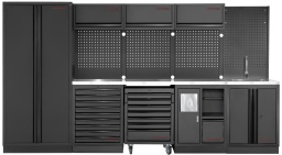 Avec le combo KRAFTWERK MOBILIO BLACK SANITORY 4 pi&egrave;ces, vous b&eacute;n&eacute;ficiez d'une solution polyvalente et fonctionnelle pour votre atelier. 
La combinaison d'armoires robustes, de tiroirs et d'un plan de travail en acier inoxydable de haute qualit&eacute; vous offre exactement ce dont vous avez besoin pour un travail efficace. 
Chaque module peut &ecirc;tre configur&eacute; selon vos besoins &ndash; pour une flexibilit&eacute; maximale.

Tout ce dont vous avez besoin : Tiroirs, armoires et &eacute;vier
Le combo KRAFTWERK MOBILIO BLACK SANITORY 4 pi&egrave;ces comprend neuf tiroirs &agrave; roulements &agrave; billes pouvant &ecirc;tre ajust&eacute;s &agrave; diff&eacute;rentes hauteurs. 
Avec le verrouillage central, vous pouvez verrouiller tous les tiroirs &agrave; la fois ou individuellement. 
Les quatre armoires offrent un espace de rangement suppl&eacute;mentaire, tandis que le meuble sous lavabo int&eacute;gr&eacute; garantit confort et propret&eacute;. 
De plus, il y a un porte-rouleau de papier pratique pour garder tout bien organis&eacute; &agrave; tout moment.

Plan de travail en acier inoxydable pour travaux robustes
Le plan de travail en acier inoxydable de haute qualit&eacute; n'est pas seulement durable, mais aussi facile &agrave; entretenir et hygi&eacute;nique &ndash; id&eacute;al pour une utilisation dans n'importe quel atelier. 
Il vous offre une grande surface de travail pour divers projets et est suffisamment robuste pour r&eacute;sister aux exigences quotidiennes.

Flexibilit&eacute; maximale dans l'installation
La construction autonome du syst&egrave;me KRAFTWERK MOBILIO BLACK SANITORY permet un placement flexible sans fixations. 
Vous pouvez installer les modules exactement l&agrave; o&ugrave; vous en avez besoin et les d&eacute;placer si n&eacute;cessaire. 
Chaque module peut &ecirc;tre command&eacute; s&eacute;par&eacute;ment, permettant de d&eacute;velopper votre syst&egrave;me selon vos souhaits.

S&eacute;curit&eacute; et ordre avec le syst&egrave;me One-Key
Gr&acirc;ce &agrave; la pratique solution One-Key, vous pouvez r&eacute;adapter tous les verrous sur le m&ecirc;me num&eacute;ro de serrure, ne n&eacute;cessitant qu'une seule cl&eacute;. 
Cela permet &agrave; votre atelier de rester s&eacute;curis&eacute; &agrave; tout moment et vous offre un acc&egrave;s rapide et facile &agrave; vos outils et mat&eacute;riaux.

Rangement efficace des outils
Avec les murs perfor&eacute;s carr&eacute;s, vous pouvez ranger vos outils de mani&egrave;re professionnelle et organis&eacute;e. 
La large gamme d'accessoires vous permet d'adapter vos panneaux au perforage &agrave; vos besoins, cr&eacute;ant ainsi une organisation encore plus efficace.

Conclusion : Votre syst&egrave;me d'atelier flexible
Le combo KRAFTWERK MOBILIO BLACK SANITORY 4 pi&egrave;ces vous offre tout ce dont vous avez besoin pour un atelier parfaitement organis&eacute; et hygi&eacute;nique. 
Flexible, robuste et &eacute;quip&eacute; d'un plan de travail en acier inoxydable de haute qualit&eacute; &ndash; ce syst&egrave;me s'adapte &agrave; vos besoins et vous permet de travailler efficacement &agrave; tout moment.