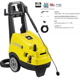 Nettoyeur haute pression pro, 
Moteur électrique 4 pôles (1450 tr/min) avec protection thermique et refroidissement à eau
Pompe linéaire 3 pistons céramique, tête de pompe en laiton avec vanne by-pass incorporée 
Clapets aspiration / refoulement acier inox 
T.S basse tension et arrêt total temporisé
Réservoir du détergent pour aspiration indirecte 
Régulateur de pression 
Manomètre à bain de glycérine 
Support  d’accessoires 
Poignée ergonomique
- Pression 200 bar
- Débit 1000l/h
- Puissance 7500w 400v
- Dimensions 76x40x75cm / 44kg
- Motopompe MPW4 / 1450RPM