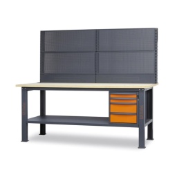 Etabli complet d'une longueur de 2,1 m comprenant 4 tiroirs Principales caractéristiques : - 1 Plan de travail (2100 x 750 mm) en bois contreplaqué stratifié d'une épaisseur de 38 mm - 4 tiroirs (367x588 mm) montés sur glissières à billes de précision : 2 tiroirs d'une hauteur de 70 mm 2 tiroirs d'une hauteur de 140 mm - Fonds de tiroirs protégés par un tapis en néoprène - Chaque tiroir peut accueillir 4 modules d'outillage Beta. - Serrure centralisée frontale - Structure en acier avec 4 pieds - Prédisposition pour l'installation d'un étau (1599F/150 ou 1599GI/150, vendus séparément) - 2 demi-étagères inférieures de rangement, 1788x335 mm ; épaisseur : 40 mm - Capacité de charge statique : 800 kg, uniformément répartie - Prévu pour la fixation au sol Kit de 4 panneaux porte-outils perforés, comprenant : - 3 supports - 6 montants de 400 mm - 2 éléments de 1015 mm ; prédisposé pour l'insertion d'une multiprise rack 19