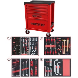 Servante d'atelier avec plan de travail recouvert d'un tapis en mousse
Cette nouvelle servante d'atelier de chez ks tools, modèle racing, est une évolution de l'ancien modèle dakar édition.
En effet pour cette servante d'atelier, ks tools a utilisé ces 20 ans d' expérience sur l'ancien modèle, la racing est le fruit des milliers de retour d'informations clients, garage, carrosserie, industrie et particulier. 
Cette servante d'atelier ks tools est plus pratique gràce à ces nouveaux panneaux perforés pour accessoires, plus résistante nouveau chassis, roue diamètre 125mm, et un tout nouveau système de fermeture du tiroir, plus sécurisant que sur l'ancienne version
La servante d’atelier KStools. série Racing respecte les normes de robustesse et de solidite deja reconnues sur les autres lignes de servantes d’atelier de la marque KS Tools. 
Les tiroirs de la servante d’atelier Racing possedent un systeme de roulements à billes (résistance 30kg), un système de fermeture par serrure et s’ouvre totalement pour plus de facilite dans vos rangements.
Les tiroirs de cette servante atelier ont une grande capacité. 40cm de profondeur par 57cm de largeur, tout les tiroirs de cette servante d'atelier sont fournis avec un tapis mousse a installer au fond. 
Sur son plan de travail on trouve un tapis en mousse imputrescible. sa poignée de côté et ses 4 roues robustes dont 2 directionnelles avec frein. La servante d'atelier Racing reste une reference en therme d’ergonomie, fini le désordre dans le garage, rangez vos outils, ou bien d'autre chose de manière ordonnée.
Plan de travail avec tapis en mousse
Dimensions utiles des tiroirs servante 5 tiroirs résistance 30kg :
3 x H 55 X L 565 X P 405mm 
1x H 130 X L565 X P 405MM
1x H 280X L 565 X P 405MM
Poids: 45kg
Poids maximum admissible en statique: 500kg
ref: 855.0005
Composition :
Module 54 pièces douilles et accessoires 1/4’’ ref : 713.1020 
- Cliquet réversible 72 dents
- 1x Poignée emmanchée 1/4’’
- 2x Rallonges 1/4’’ : L. 50 mm et L. 100 mm
- 1x Rallonge flexible : L. 150 mm
- 1x Poignée coulissante T : L. 115 mm
- 1x Cardan universel 1/4"
- 13x Douilles 1/4’’ : 4 - 4.5 - 5 - 5.5 - 6 - 7 - 8 - 9 - 10 - 11 - 12 - 13 - 14 mm
- 8x Douille longue 1/4" : 6 - 7 - 8 - 9 - 10 - 11 - 12 - 13
- 1x Porte embout 1/4" 
- 3x Embouts de vissage Fente 4 - 5.5 - 8 mm 
- 3x Embouts de vissage PHILLIPS® PH 1 - PH 2 - PH3 
- 2x Embouts de vissage POZIDRIV® PZ 1 - PZ 2 
- 6x Embouts de vissage 6 pans : 3 - 4 - 5 - 6 - 7 - 8 mm
- 7x Embouts de vissage TORX® profil E T10 - T15 - T20 - T25 - T27 - T30 - T40
​- 4x Embouts de vissage 12 pans : M4 - M5 - M6 - M8 
Module de douilles et accessoires ULTIMATE 1/2'' . 24 pièces ref : 713.1024 
- 1 x Cliquet réversible 72 dents
- 2 x Rallonges : 125 - 250 mm
- 1 x Cadran universel 1/2"
- 1 x Bague coulissante 3/8" x 1/2"
- 17 x Douilles : 10 - 11 - 12 - 13 - 14 - 15 - 16 - 17 - 18 - 19 - 20 - 21 - 22 - 24 - 27 - 30 - 32 mm
- 2 x Douilles longues : 16 - 21 mm
Module de douilles longues et accessoires 1/2". 17 pièces ref : 713.1026 
- 1 x Rallonge : 125 mm
- 2 x Rallonges à verrouillage : 75 - 250 mm
- 10 x Douilles : 10 - 11 - 12 - 13 - 15 - 17 - 19 - 22 - 24 - 27 mm
- 4 x Douilles 6 pans : 14 - 16 - 18 - 21 mm
Module de clés mixtes ULTIMATE. 17 pièces ref : 713.2017 
- 17 x Clés mixtes : 6 - 7 - 8 - 9 - 10 - 11 - 12 - 13 - 14 - 15 - 16 - 17 - 18 - 19 - 20 - 21 - 22 mm
Module de clés mixtes ULTIMATE. 5 pièces ref : 713.2015 
- 5 x Clés mixtes : 24 - 27 - 29 - 30 - 32 mm
Module de pinces. 4 pièces ref : 713.4014 
- 1 x Pince coupante diagonale : L. 160 mm
- 1 x Pince universelle : L. 180 mm
- 1 x Pince à bec demi-rond : L. 200 mm
- 1 x Pince multiprises à verrouillage : L. 250 mm
Module de vissage. 28 pièces ref : 712.5028 
- 1 x Tournevis ULTIMATE tom pouce Fente : 6.5 mm
- 3 x Tournevis ULTIMATE Fente : 3.5 - 5.5 - 8 mm
- 1 x Tournevis ULTIMATE tom pouce PHILLIPS : PH2
- 3 x Tournevis ULTIMATE PHILLIPS : PH1 - PH2 - PH3
- 1 x Tournevis ULTIMATE tom pouce PROZIDRIV : PZ2
- 3 x Tournevis ULTIMATE PROZIDRIV : PZ1 - PZ2 - PZ3
- 1 x Jeu de clés mâles 6 pans à tête sphérique longues : 2 - 2.5 - 3 - 4 - 5 - 6 - 8 - 10 mm
- 1 x Jeu de clés mâles TORX longues : T10 - T15 - T20 - T25 - T30 - T40 - T45 - T50
Module d'outils de frappe manche bois. 9 pièces ref : 713.1101 
- 1 x Burin de carossier extra-plat : 250 mm
- 6 x Chasse goupilles brunis : 3 - 4 - 5 - 6 - 10 mm
- 1 x Marteau rivoir : 600g
- 1 x Maillet à embouts plastique interchangeables : 340g
Module de clés à pipe débouchées - 6 pans. 4 pièces ref : 713.4004 
- 4 x Clés à pipe débouchées : 21 - 22 - 24 - 27 mm
Module de clés à pipe débouchées - 6 pans. 11 pièces ref : 713.2011 
- 11 x Clés à pipe débouchées : 8 - 10 - 11 - 12 - 13 - 14 - 15 - 16 - 17 - 18 - 19 mm
Module vide 1/3 - 1 compartiment ref : 713.1300 
