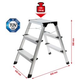 T&ocirc;le aluminium stri&eacute;e sur les marches
Tout basculement est impossible
entr&eacute;e des deux cot&eacute;s
Enti&egrave;rement en aluminium
Pliable pour un gain de place
Pieds avec protection en PVC
stabilit&eacute; s&ucirc;re facilitant le travail
utilisable pour le montage de pare-brises, travaux sur compartiment moteur, travaux sur la galerie, travaux sur PL etc.
Utilisable pour des travaux sur des v&eacute;hicules de grande hauteur comme : Camping-car, 
Petits transporteurs, PL, Bus, 4X4...
construction massive en aluminium
