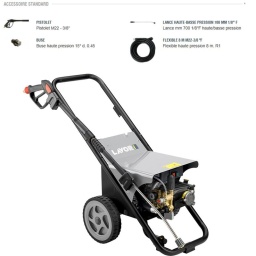 Nettoyeur haute pression pro, 
Moteur électrique 4 pôles (1450 tr/min) avec protection thermique 
Pompe linéaire 3 pistons céramique, tête de pompe en laiton avec vanne by-pass incorporée 
Clapets aspiration / refoulement acier inox 
T.S basse tension
Régulateur de pression 
Manomètre à bain de glycérine 
Support  d’accessoires 
Chassis acier et couvercle acier
- Pression 120/150 bar
- Débit 660l/h
- Puissance 3000w 230v
- Dimensions 50x90x83cm / 37kg
- Motopompe MP4 / 1450RPM