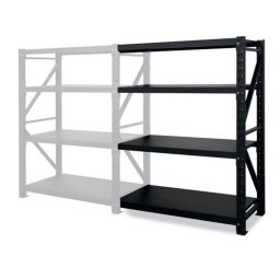 Eléments supplémentaires pour rayonnage robuste avec 4 étagères
Les éléments supplémentaires permettent de prolonger les rayonnages pour augmenter l'espace de stockage.
Fabriqué en tôle d'acier robuste, il convient parfaitement pour tout type de marchandises.

- Capacité de charge par étagère : 250 kg
- Capacité de charge totale : 1000 kg
- Prévu pour la fixation au sol