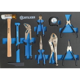Module mousse plein - pinces, marteaux, mesure - 9 outils
Composition : - 1 pince droite pour circlips extérieurs 180mm

- 1 pince droite pour circlips intérieurs 180mm

- 1 pince multiprise 245mm

- 1 pince droite à bec 1/2 rond 200mm

- 1 pince coupante 150mm

- 1 pince étau 250mm

- 1 maillet

- 1 marteau rivoir

- 1 mesure 3m

Pour servantes réf.09146, réf.09246, réf.09248