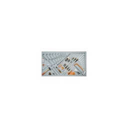 Composition outillage beta
chasse-goupille 4mm pointeau 4mm burin plat 150mm clés mixtes 6-17-19-22-24mm clés mâles 6 pans coudées 1.5-10mm clé à molette. 200mm douilles 6 pans. 1/2"8-17-19-22-24mm rallonge 255 mm  1/2"
cardan 1/2"
Poignée coulissante 1/2"
cliquet réversible 1/2"
Clés à pipe debouchees 6 et 12 pans gros effort 6-22mm pince multiprise entrepassee. 240mm Pince étau universelle a machoires concaves 240mm pince coupante diagonale à faible effort de coupe 160mm ciseaux d'electricien
pince universelle 180mm Pince à becs demi-ronds longs 160mm tournevis pour vis à fente 3x75-4x100-5.5x150-6.5x150mm tournevis pour vis a empreinte phillips ph0x60-ph1x80-ph2x100mm marteau de mécanicien tête rivoir 32mm mètre à ruban. 5m
monture de scie à métaux
burette plastique 150cc
cutter à lame secable 18mm avec lames
- qualité premium beta depuis 1939