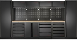 Flexibilité maximale avec le KRAFTWERK MOBILIO BLACK 4er combinaison La combinaison KRAFTWERK MOBILIO BLACK 4er vous offre la solution idéale pour l'organisation de votre atelier. 
Cette combinaison polyvalente de modules de haute qualité est parfaitement coordonnée et peut être assemblée selon vos besoins individuels. 
Que ce soit pour un atelier professionnel ou amateur, la construction autonome permet un placement simple et flexible sans fixation. 
Avec des dimensions généreuses H 2000 x L 2955 x P 721 mm pour une utilisation optimale de l'espace.

Équipement optimal pour un travail efficace
Avec la combinaison KRAFTWERK MOBILIO 4er, vous avez tout sous contrôle. 
La combinaison comprend un armoire haute avec 4 étagères, trois armoires supérieures avec un système de gaz pratique et un meuble à tiroirs avec 9 tiroirs à roulements à billes. 
Vous pouvez ainsi ranger vos outils et accessoires de manière claire et à portée de main. Les tiroirs sont équipés d'un verrouillage central.

Finition de haute qualité et matériaux durables
Le plateau de travail robuste en multiplex de hêtre de 35 mm d'épaisseur avec une profondeur de 721 mm est non seulement extrêmement résistant, mais aussi facile à entretenir. 
Il offre suffisamment d'espace pour divers travaux et donne à votre atelier un aspect professionnel. 
Le meuble bas pour chariot d'atelier et le meuble bas supplémentaire avec poubelle et porte-rouleaux de papier complètent l'aménagement pratique et assurent l'ordre.

Options d'adaptation individuelles
Le système KRAFTWERK MOBILIO BLACK 4er peut être adapté de manière flexible à vos exigences. 
Chaque module peut également être commandé séparément, vous permettant d'élargir votre atelier selon vos besoins. 
Les panneaux arrière avec perforations carrées vous permettent un rangement professionnel et clair de vos outils. 
Grâce à la large gamme d'accessoires, vous pouvez adapter le système exactement à vos besoins.

Manipulation simple et sécurisée
La solution One-Key optionnelle offre un confort supplémentaire. 
Avec une seule clé, vous pouvez modifier tous les verrous pour qu'ils aient le même numéro de serrure, ce qui facilite considérablement l'accès à vos armoires et tiroirs. 
Cela est particulièrement avantageux dans les grands ateliers ou lors de collaborations avec plusieurs personnes.

Conclusion : La solution parfaite pour votre atelier La combinaison KRAFTWERK MOBILIO BLACK 4er est le choix idéal si vous attachez de l'importance à la flexibilité, à la qualité et à la durabilité. 
Avec ses nombreux modules et options d'adaptation, elle vous offre tout ce dont vous avez besoin pour un atelier parfaitement organisé.