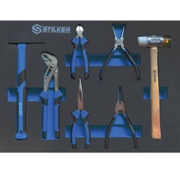Module mousse plein - pinces, marteaux - 7 outils pour 72517
Composition : - 1 pince droite pour circlips extérieurs 180mm

- 1 pince droite pour circlips intérieurs 180mm

- 1 pince multiprise 245mm

- 1 pince droite à bec 1/2 rond 200mm

- 1 pince coupante 150mm

- 1 maillet

- 1 marteau rivoir
