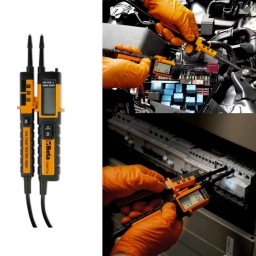 Testeur de tension et de continuité : précision et fiabilité jusqu'à une tension de 1000 V.
Équipé d'un écran numérique haute visibilité et d'une fonction d'auto-test pratique, il garantit à la fois précision et fiabilité pour chaque mesure, ce qui le rend indispensable pour tout professionnel.

Caractéristiques :
Tension : 24 à 1000VAC / 6 à 1000VDC
Indicateur de tension : 6-12-24-50-120-230-400-690-1000
Précision : ± (3 % + 3)V
Temps de réponse : < 1 s (09 %)
Courant maximum absorbé à 1000V : < 3,5mA
Détection de tension sans contact : > 90VAC
Test de rotation de phases : 100 à 1000VAC (50/60Hz)
Angle de phase : 120° ±5°
Test de continuité : 0 ± 1,3 MΩ
Courant (test de continuité) : ≤5 μA