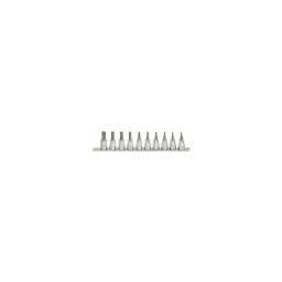 Rail de 10 douilles tournevis torx 3/8
- embouts acier s2
- douille chrome vanadium
- t10-15-20-25-27-30-40-45-50-55