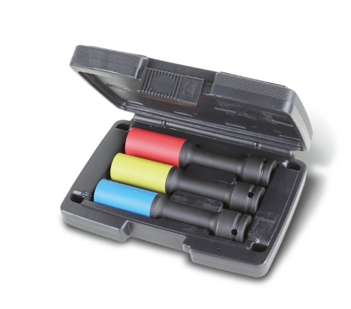 Coffret en plastique de 3 douilles à chocs colorées, série longue, avec embouts polymères pour écrous de roues