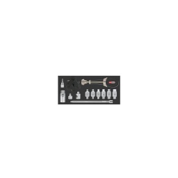Coffret spécial vidange auto 

- l'indispensable pour la vidange de votre auto se trouve dans ce module
- module de rangement en mousse haute densite
- résistant aux hydrocarbures

composition :
- 6 outils universels pour bouchons de vidange
- 1 douille longue 21mm - 2 douilles tournevis t40-45 3/8
- une poignée coulissante pour rallonge 3/8 250mm - 1 clé à filtre à huile à sangle 65-110mm - 1 clé à filtre à huile 3 bras 63-102mm - 1 adaptateur 1/2 3/8
