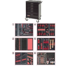Servante d'atelier ks tools 7 tiroirs
- tiroir ouverture one by one antibasculement
- système fermeture centralisee par serrure
- plan de travail avec range visseries
- 4 roues robustes 125mm (2 directionelles avec freins)
- dimensions :
h 1016 x l 680 x p 455mm triroirs 
6 x h55xl565xp405mm 1 xh205xl565xp405mm charge par tiroirs 45kg
poids vide de la servante 54.5kg
résistance statique 500kg
servante atelier de la marque ks tools. avec noir complet du plus belle effet. parfaite pour une utilisation dans les milieux salissants (garage. industrie...)
Module de douilles et accessoires 1/4'' - 3/8'' - 1/2"". 175 pièces ref : 711.1011 finition mat 
- 3 x Cliquets 72 dents bi-matière 1/4’’- 3/8’’- 1/2’’
- 1 x Poignée emmanchée traversante 1/4"
- 2 x Rallonges articulée 1/4’’ 50 - 100 mm
- 1 x Rallonge flexible 1/4" 150 mm 
- 1 x T de force 1/4" 110mm
- 1 x Rallonge articulée 3/8’’ 150 mm
- 2 x Rallonges articulée 1/2’’ 125 - 250 mm
- 3 x Cardans 1/4’’ - 3/8’’- 1/2’’
- 2 x Réducteur 1/2" F 3/8" m
- 13 x Douilles 1/4" : 4 - 4.5 - 5 - 5.5 - 6 - 7 - 8 - 9 - 10 - 11 - 12 - 13 - 14mm
- 7 x Douilles longues 1/4" : 4 - 5 - 6 - 7 - 8 - 9 - 10 mm 
- 5 x Douilles TORX E 1/4" : E4 - E5 - E6 - E7 - E8
- 4 x Douilles embout fente 1/4" : E4 - E5 - E6 - E7 - E8 mm
- 3 x Douilles embout PHILIPPS 1/4" : PH1 - PH2 (x2)
- 3 x Douilles embout PROZIDRIV 1/4" : PZ1 - PZ2 (x2)
- 4 x Douilles embout 6 pans mâles 1/4" : 3 - 4 - 5 - 6 mm
- 8 x Douilles embout TORX 1/4" : T8 - T9 - T10 - T15 - T20 - T25 - T27 - T30
- 7 x Douilles embout TORX percé 1/4" : T8 - T10 - T15 - T20 - T25 - T27 - T30
- 10 x Douilles 3/8" : 10 - 11 - 12 - 13 - 14 - 15 mm
- 6 x Douilles longues 3/8" : 10 - 11 - 12 - 13 - 14 - 15 mm
- 6 x Douilles TORX 3/8" : E10 - E11 - E12 - E14 - E16 - E18 
- 1 x Douille 6 pans 3/8" : 18 mm
- 18 x Douilles 1/2" : 10 - 11 - 12 - 13 - 14 - 15 - 16 - 17 - 18 - 19 - 20 - 21 - 22 - 24 - 27 - 30 - 32 - 34 mm 
- 5 x Douilles longues 1/2" : 16 - 17 - 18 - 19 - 22 mm
- 2 x Douilles TORX 1/2" : E20 - E24
- 1 x Douille porte embout : 1/4" x 1/4"
- 2 x Douilles porte embout : 3/8" x 5/16" et 1/2" x 5/16"
Module d'embouts de vissage et douilles TORX. 88 pièces ref 713.5010
- 5 x Douilles TORX 1/4" : E4 - E5 - E6 - E7 - E8
- 4 x Douilles TORX 3/8" : E10 - E11 - E12 - E14
- 3 x Douilles TORX 1/2" : E16 - E18 - E20
- 1 x Douille porte-embouts 1/4" x 1/4"
- 2 x Douilles porte-embouts : 3/8" - 10 mm et 1/2" - 10 mm
- 1 x Rallonge : 30 mm
- 3 x Embouts de vissage Fente : 25 mm x (5.5 - 6.5 - 8.0 mm)
- 3 x Embouts de vissage PHILLIPS : 25 mm x (PH1 - PH2 - PH3)
- 6 x Embouts de vissage POZIDRIV : 25 mm x (PZ1 - 2 x PZ2 - 3 x PZ3)
- 3 x Embouts de vissage 6 pans : 25 mm x (4 - 5 - 6 mm)
- 15 x Embouts de vissage TORX percé : 25 mm x (2 x T10 - 3 x T15 - 2 x T20 - 3 x T25 - 3 x T30 - 2 x T40)
- 2 x Embouts de vissage Fente : 30 mm x (8 - 10 mm)
- 2 x Embouts de vissage PHILLIPS : 30 mm x (PH2 - PH3)
- 7 x Embouts de vissage 6 pans : 30 mm x (4 - 5 - 6 - 7 - 8 - 10 - 12 mm)
- 9 x Embouts de vissage TORX percé : 30 mm x (T20 - T25 - T27 - T30 - T40 - T45 - T50 - T55 - T60)
- 5 x Embouts de vissage 12 pans : 30 mm (M5 - bM6 - M10 - M12)
- 5 x Embouts longs 6 pans : 75 mm x (5 - 6 - 7 - 8 - 10 mm)
- 8 x Embouts longs TORX percé : 75 mm x (T20 - T25 - T27 - T30 - T40 - T50 - T55 - T60)
- 4 x Embouts longs 12 pans : 75 mm x (M6 - M8 - M10 - M12)
Module de douilles à chocs 1/2''. 16 pièces ref : 713.1016 
- 8 x Douilles tournevis à choc TORX® 1/2’’: T30 - T40 - T45 - T50 - T55 - T60 - T70 - T80
- 8 x Douilles tournevis à choc 6 pans 1/2’’: 5 - 6 - 8 - 10 - 12 - 14 - 17 - 19 mm
Module vide 1/3 - 1 compartiment ref : 713.1300 
Module de clés mixtes ULTIMATE. 17 pièces ref 713.2017 
- 17 x Clés mixtes : 6 - 7 - 8 - 9 - 10 - 11 - 12 - 13 - 14 - 15 - 16 - 17 - 18 - 19 - 20 - 21 - 22 mm
Module de clés mixtes ULTIMATE. 5 pièces ref : 713.2015 
- 5 x Clés mixtes : 24 - 27 - 29 - 30 - 32 mm
Module de clés mixtes à cliquet réversible GEARplus avec adaptateurs. 16 pièces ref : 713.2027 
- 12 x Clés mixtes : 8 - 9 - 10 - 11 - 12 - 13 - 14 - 15 - 16 - 17 - 18 - 19 mm
- 1 x Adaptateur pour embout de vissage : 1/4"
- 3 x Adaptateurs à verrouillage pour douilles : 1/4" - 3/8" - 1/2"
Module de vissage. 28 pièces ref : 712.5028 
- 1 x Tournevis ULTIMATE tom pouce Fente : 6.5 mm
- 3 x Tournevis ULTIMATE Fente : 3.5 - 5.5 - 8 mm
- 1 x Tournevis ULTIMATE tom pouce PHILLIPS : PH2
- 3 x Tournevis ULTIMATE PHILLIPS : PH1 - PH2 - PH3
- 1 x Tournevis ULTIMATE tom pouce PROZIDRIV : PZ2
- 3 x Tournevis ULTIMATE PROZIDRIV : PZ1 - PZ2 - PZ3
- 1 x Jeu de clés mâles 6 pans à tête sphérique longues : 2 - 2.5 - 3 - 4 - 5 - 6 - 8 - 10 mm
- 1 x Jeu de clés mâles TORX longues : T10 - T15 - T20 - T25 - T30 - T40 - T45 - T50
Module de tournevis ULTIMATE TORX. 6 pièces ref : 713.5013 
- 6 x Tournevis ULTIMATE TORX : T10 - T15 - T20 - T25 - T30 - T40
Module de pinces. 4 pièces ref : 713.4014 
- 1 x Pince coupante diagonale : L. 160 mm
- 1 x Pince universelle : L. 180 mm
- 1 x Pince à bec demi-rond : L. 200 mm
- 1 x Pince multiprises à verrouillage : L. 250 mm 
Module de 6 pinces à Circlips ref : 713.5006 
- 2 x Pinces à joncs extérieur : 10 - 25 mm. 19 - 60 mm
- 1 x Pince extérieur coudée : 16 - 60 mm
- 2 x Pinces intérieur droites : 12 - 25 mm. 19 - 60 mm
- 1 x Pince intérieur coudée : 19 - 60 mm
Module d'outils de frappe manche bois. 9 pièces ref : 713.1101 
- 1 x Burin de carossier extra-plat : 250 mm
- 6 x Chasse goupilles brunis : 3 - 4 - 5 - 6 - 10 mm
- 1 x Marteau rivoir : 600g
- 1 x Maillet à embouts plastique interchangeables : 340g
Module d'embouts longs pour la mécanique 1/4" - 1/2". 38 pièces ref : 712.5038 
- 5 x Embout 6 pans Extérieur 1/2’’ 55 mm x (14 - 17 - 19 - 22 - 24 mm) 
- 3 x Embout 6 pans Extérieur 140 mm x (10 - 11 - 13 mm)
- 1 x Embout 1/2’’ 6 pans Extérieur 160 mm x (5 mm)
- 1 x Embout 1/2’’ 6 pans Extérieur 240 mm x (7 mm)
- 1 x Embout TORX® 1/2’’ 110 mm x (T80)
- 6 x Embout 1/2’’ TORX® 140 mm x (T40 - T45 - T50 - T55 - T60 - T70)
- 1 x Embout 1/2’’ TORX® 300 mm x (T30)
- 2 x Embout XZN® 1/2’’ 110 mm x (M9 - M16)
- 3 x Embout 1/2’’ XZN® 140 mm x (M10 - M12 - M14)
- 1 x Embout percé XZN® 1/2’’ 55 mm x (M16) 
- 1 x Embout renforcé RIBE® 1/2’’ 100 mm x (M9) 
- 3 x Embout renforcé 1/2’’ RIBE® 240 mm x (M7 - M8 - M10)
- 1 x Embout renforcé XZN® 1/2’’ 75 mm x (M18) 
- 9 x Embout TORX Profil E 1/4’’ : TS10 - TS15 - TS20 - TS25 - TS27 - TS30 - TS40 - TS45 - TS50
Module de douilles et clé à chocs pneumatique 1/2''. 20 pièces ref : 712.1020 
- 1x Clé à chocs pneumatique 1/2’’ 1690Nm
- 14x douilles à choc : 12 - 13 - 14 - 15 - 16 - 17 - 18 - 19 - 21 - 22 - 24 - 27 - 30 - 32 mm
- 3x douilles à choc pour jante alu : 17 - 19 - 21 mm
- 1x rallonge à choc 1/2"
- 1x cardan à choc 125mm