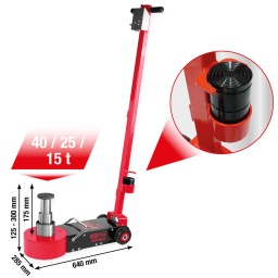 Cric hydropneumatique particulièrement robuste pour véhicules
Répartition de la charge sur une large surface
Construction courte et maniable
Trois adaptateurs 10, 35 et 65 mm inclus
poignée repliable
Descente du cric contrôlée par l’ouverture de la valve
Roues en polyuréthanes résistantes aux hydrocarbures
Transport facile grâce au poids très léger
Protection contre les surcharges grâce à une soupape de surpression de sécurité
La technologie Safety Bypass empêche les fuites d’huile
Indispensable quotidiennement dans tout atelier
Construction massive en acier