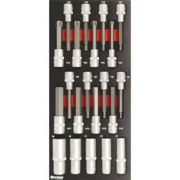 Composition : 21 outils
-8 embouts 6 pans (5 a 17mm  ref.10753
-8 embouts Torx  1/2  »(T27 a T70) ref.10754
-5 douilles longues 1/2” (14-15-17-19-22 mm 