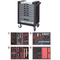 Servante d'atelier 7 tiroirs Ultimate
- Composition 238 outils pour mécanicien automobile
Tiroir 1 : Douille 1/4 - douille 1/2 - clé mixte
Tiroir 2: pinces, martellerie, tournevis
Tiroir 3: clé dynamométrique 20-200Nm + essentiel démontage pneus (tire valve, démonte obus, démonte pneus...)
Tiroir 4: clé à choc mini-monster 1390Nm + douilles chocs 
la servante d'atelier kstools. série ultimate. est le modèle de desserte d'atelier. le plus haut de gamme  de la marque. ks tools. 
les tiroirs de la servante d'atelier ultimate, possedent un système de glissière à roulements à billes (résistance 45kg). Equipé du système "one by one"., ouverture d'un seul tiroir a la fois, vous pouvez deplacer votre servante d'atelier sans forcement l'a fermer a clé !
Les tiroirs de cette servante ont une grande capacité. 40cm de profondeur par 57cm de largeur, tout les tiroirs de cette servante d'atelier sont fournis avec un tapis mousse, a installer au fond. 
Le plan de travail des servantes d'atelier Ultimate est recouvert d'un plateau inox et de boitier "range visserie" sur les cotés,
Au niveau du chassis, les pans de cette servante d'atelier sont perfores, se qui vous permet l'instalation de nombreuses options. tel que. un dérouleur de papier, des crochets de fixations...
Cette gamme  de servante d'atelier repond parfaitement au rangement pour le mécanicien, carrossier, mais aussi pour les métiers de l'industrie (rangement d'outils de tours / fraiseuse...) ainsi que des domaines tel que le medical. l'aéronotique...
- construction a pans coupés renforçant la structure du bati
- système "one by one" antibasculement 
- panneau lateral déporté et pré-percé pour fixation de crochet et accessoires
- 2 roues fixes grand diamètre pour une meilleure stabilite et un déplacement aise sur tous types de sols
- 2 roues pivotantes avec système de freinage total
- plan de travail avec rangements et recouvert inox
- tiroirs sur glissieres à billes extra-resistant (45 kg par tiroir)
- tiroirs à ouverture totale
- fermeture totale et simultanee des tiroirs par serrure 
- poignée tubulaire de manutention
- finition "Ultimate"

- poids 57kg
- dimension hors tout : l678xl459xh859 (hauteur avec roues 1035mm 
- roue dia 125mm larg 50mm 