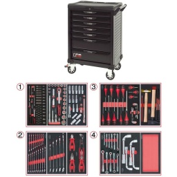 Servante d'atelier ks tools 7 tiroirs
- tiroir ouverture one by one antibasculement
- système fermeture centralisee par serrure
- plan de travail avec range visseries
- 4 roues robustes 125mm (2 directionelles avec freins)
- dimensions :
h 1016 x l 680 x p 455mm triroirs 
6 x h55xl565xp405mm 1 xh205xl565xp405mm charge par tiroirs 45kg
poids vide de la servante 54.5kg
résistance statique 500kg
servante atelier de la marque ks tools. avec noir complet du plus belle effet. parfaite pour une utilisation dans les milieux salissants (garage. industrie...)
Composition :
Module 54 pièces douilles et accessoires 1/4’’ ref : 713.1020 
- Cliquet réversible 72 dents
- 1x Poignée emmanchée 1/4’’
- 2x Rallonges 1/4’’ : L. 50 mm et L. 100 mm
- 1x Rallonge flexible : L. 150 mm
- 1x Poignée coulissante T : L. 115 mm
- 1x Cardan universel 1/4"
- 13x Douilles 1/4’’ : 4 - 4.5 - 5 - 5.5 - 6 - 7 - 8 - 9 - 10 - 11 - 12 - 13 - 14 mm
- 8x Douille longue 1/4" : 6 - 7 - 8 - 9 - 10 - 11 - 12 - 13
- 1x Porte embout 1/4" 
- 3x Embouts de vissage Fente 4 - 5.5 - 8 mm 
- 3x Embouts de vissage PHILLIPS® PH 1 - PH 2 - PH3 
- 2x Embouts de vissage POZIDRIV® PZ 1 - PZ 2 
- 6x Embouts de vissage 6 pans : 3 - 4 - 5 - 6 - 7 - 8 mm
- 7x Embouts de vissage TORX® profil E T10 - T15 - T20 - T25 - T27 - T30 - T40
​- 4x Embouts de vissage 12 pans : M4 - M5 - M6 - M8 
Module de douilles et accessoires ULTIMATE 1/2'' . 24 pièces ref : 713.1024 
- 1 x Cliquet réversible 72 dents
- 2 x Rallonges : 125 - 250 mm
- 1 x Cadran universel 1/2"
- 1 x Bague coulissante 3/8" x 1/2"
- 17 x Douilles : 10 - 11 - 12 - 13 - 14 - 15 - 16 - 17 - 18 - 19 - 20 - 21 - 22 - 24 - 27 - 30 - 32 mm
- 2 x Douilles longues : 16 - 21 mm
Module de douilles longues et accessoires 1/2". 17 pièces ref : 713.1026 
- 1 x Rallonge : 125 mm
- 2 x Rallonges à verrouillage : 75 - 250 mm
- 10 x Douilles : 10 - 11 - 12 - 13 - 15 - 17 - 19 - 22 - 24 - 27 mm
- 4 x Douilles 6 pans : 14 - 16 - 18 - 21 mm
Module de clés mixtes ULTIMATE. 17 pièces ref : 713.2017 
- 17 x Clés mixtes : 6 - 7 - 8 - 9 - 10 - 11 - 12 - 13 - 14 - 15 - 16 - 17 - 18 - 19 - 20 - 21 - 22 mm
Module de clés mixtes ULTIMATE. 5 pièces ref : 713.2015 
- 5 x Clés mixtes : 24 - 27 - 29 - 30 - 32 mm
Module de pinces. 4 pièces ref : 713.4014 
- 1 x Pince coupante diagonale : L. 160 mm
- 1 x Pince universelle : L. 180 mm
- 1 x Pince à bec demi-rond : L. 200 mm
- 1 x Pince multiprises à verrouillage : L. 250 mm
Module de vissage. 28 pièces ref : 712.5028 
- 1 x Tournevis ULTIMATE tom pouce Fente : 6.5 mm
- 3 x Tournevis ULTIMATE Fente : 3.5 - 5.5 - 8 mm
- 1 x Tournevis ULTIMATE tom pouce PHILLIPS : PH2
- 3 x Tournevis ULTIMATE PHILLIPS : PH1 - PH2 - PH3
- 1 x Tournevis ULTIMATE tom pouce PROZIDRIV : PZ2
- 3 x Tournevis ULTIMATE PROZIDRIV : PZ1 - PZ2 - PZ3
- 1 x Jeu de clés mâles 6 pans à tête sphérique longues : 2 - 2.5 - 3 - 4 - 5 - 6 - 8 - 10 mm
- 1 x Jeu de clés mâles TORX longues : T10 - T15 - T20 - T25 - T30 - T40 - T45 - T50
Module d'outils de frappe manche bois. 9 pièces ref : 713.1101 
- 1 x Burin de carossier extra-plat : 250 mm
- 6 x Chasse goupilles brunis : 3 - 4 - 5 - 6 - 10 mm
- 1 x Marteau rivoir : 600g
- 1 x Maillet à embouts plastique interchangeables : 340g
Module de clés à pipe débouchées - 6 pans. 4 pièces ref : 713.4004 
- 4 x Clés à pipe débouchées : 21 - 22 - 24 - 27 mm
Module de clés à pipe débouchées - 6 pans. 11 pièces ref : 713.2011 
- 11 x Clés à pipe débouchées : 8 - 10 - 11 - 12 - 13 - 14 - 15 - 16 - 17 - 18 - 19 mm
Module vide 1/3 - 1 compartiment ref : 713.1300 