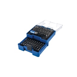 Jeu complet d'embouts de tournevis de 102 pièces, comprenant des profils Phillips, plats, PzDrive, 6 pans, carrés, étoile* (y compris standard et de sécurité), 
ainsi qu'un adaptateur de douille à carré de 1/4" et un porte-embout magnétique de 65 mm de long avec une extrémité pour mandrin à serrage rapide pour une utilisation facile. 
Ces embouts à tige de 1/4" et le porte-embout magnétique sont parfaits pour une utilisation avec des visseuses sans fil dotées d'un mandrin rapide, perceuses sans fil et tournevis.
Phillips : Ph0, Ph1, Ph2, Ph3 ; PzDrive : Pz0, Pz1, Pz2, Pz3 ; Plats : 3, 4, 5 et 6 mm ; 6 pans : 3, 4, 5 et 6 mm ; 6 pans inviolables : 2, 2,5, 3, 4, 5 et 6 mm ; Étoile* : T10, T15, T20, T25, T27, T30 et T40 ; Étoile* sécurité : T10, T15, T20, T25, T27, T30 et T40 : Adaptateur de douille à carré de 1/4".
Longueur d'embout : 25 mm, avec tige de 1/4".
Fourni avec un porte-embout magnétique. Longueur : 65 mm.
Embouts en chrome-vanadium 6150 fournis dans un coffret de rangement en plastique.
TORX® et TORX PLUS® sont des marques déposées d'Acument Intellectual Properties LLC