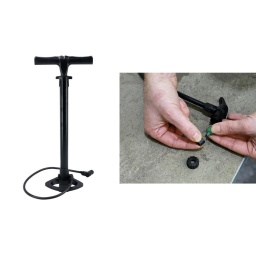 Pompe à pied d'utilisation facile convenant à des pneus de vélos de route et de VTT. 
Elle comporte un embout interchangeable qui peut s'adapter à des valves Presta (haute pression) et Schrader (de type voiture), avec un levier de verrouillage pour le maintenir en place et éviter que l'air ne s'échappe pendant son utilisation. 
Plus efficace qu'une pompe à main et plus stable qu'une pompe à pédale, cet outil est idéal pour une utilisation chez soi comme à l'atelier.

Pompe à pied pour le gonflage de pneus de bicyclette.
Adapté aux valves Presta et Schrader.
Poignée ergonomique en plastique.
Longueur du flexible : 700 mm.
Hauteur : 540 mm.