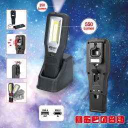 Id&eacute;ale pour les travaux sans prise de courant
DEL COB 10&nbsp;Watt + 1&nbsp;lampe frontale DEL 5 Watt
Intensit&eacute; variable en continu
Avec fonction USB Power Bank (recharge d&rsquo;appareils externes)
Chaleur dissip&eacute;e par les ailettes de refroidissement &agrave; l&rsquo;arri&egrave;re
Avec affichage Led du niveau de charge
Support magn&eacute;tique repliable&nbsp;360&deg;
Livr&eacute;e avec chargeur avec coupure automatique
Recharge directe sur la lampe, au choix
Avec c&acirc;ble de recharge USB-C
Avec clip ceinture et crochets
Norme IP64 - protection contre les projections de liquides
Tr&egrave;s r&eacute;sistante aux chocs
Dur&eacute;e de recharge 3 heures
Autonomie&nbsp;: 3,5&nbsp;heures
Corps de lampe en Polycarbonate r&eacute;sistant
Corps de lampe recouvert d'une protection en caoutchouc
