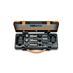 Coffret métal 12 embouts à chocs et 4 accessoires
- torx: 55-60-70-80-90-100
- hex: 14-17-19-22-24-27mm - douilles porte embouts 3/4 - 1"   
- qualité premium beta depuis 1939