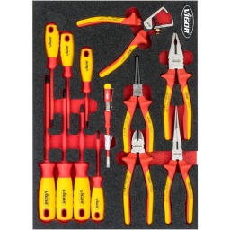 Module pinces et tournevis isolés  13 pièces
- Coupante 160mm, mécanicien 180mm, bec long 160 et 200mm, pince à dénuder 160mm
- Plats : 3-4-5,5-6,5mm
- PH : 0-1-2
- Mini 3mm
- Dimension 282x393mm