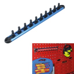 Rail porte-douilles pour douilles isolées à carré de 1/4"
Rail porte-douilles léger avec 10 supports pour douilles isolées à carré de 1/4''.

Rail porte-douilles spécialement conçu pour le rangement de 10 douilles isolées (VDE) à carré de 1/4".
Longueur du rail : 300 mm ; longueur du support de douille : 25 mm.
Le rail est doté de trous de vis permettant un montage mural facile. Rail en aluminium anodisé.
Des rails porte-douilles pour douilles à carrés de 3/8'' et 1/2'' sont également disponibles, voir les références Laser 7923 (carré de 3/8'') et 7924 (carré de 1/2").
Remarque : des rails porte-douilles standard ne peuvent pas être utilisés avec des douilles isolées.