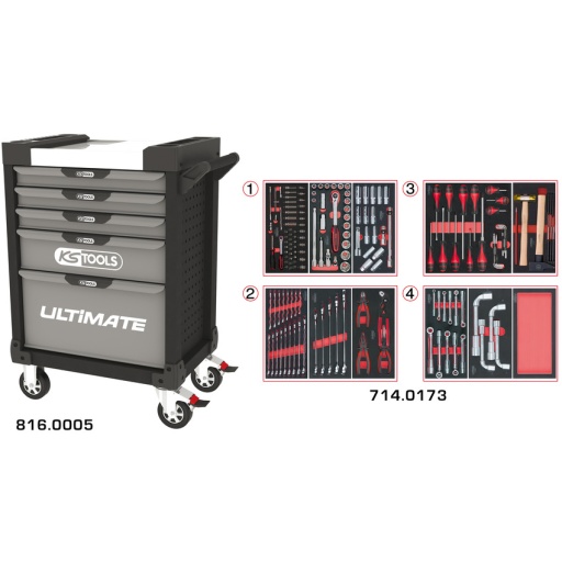 Servante ULTIMATE grise et noire 5 tiroirs équipée de 173 outils