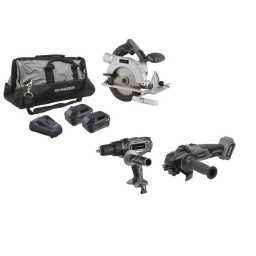 Pack Perceuse Percu+Meuleuse+Scie Circulaire+ Grand Sac+Chargeur+2 Batteries 5ah
Composé de : 
- 1 perceuse visseuse à percussion 20V 50Nm réf. 50502 
- 1 meuleuse d'angle brushless réf. 50506 
- 1 scie circulaire 165mm 20V réf. 50508 
- 1 sac porte-outils textile 52,8L réf. 50800 
- 1 chargeur rapide 3,5A réf. 50519 
- 2 batteries Li-ion 20V 5Ah réf. 50517