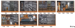 Composition de 232 outils pour la maintenance industrielle en plateaux thermoformés rigides en ABS
920ME	douilles tournevis pour vis 6 pans creux carré femelle 1/2"  5 - 6 - 8 - 10 - 12 mm	
920/21	rallonge - 1/2" 125 mm	
920/22	rallonge - 1/2" 255 mm	
920/25	cardan 1/2"	
920/42	poignée coulissante 1/2"	
920/55	cliquet réversible 1/2" 
920A	douilles 6 pans avec carré conducteur femelle 1/2" 10÷24 - 26 - 27 - 30 - 32 mm	
42	clés mixtes 6÷21 mm	
42	clés mixtes 22 - 24 - 27 - 30 - 32 mm	
900	douilles 6 pans avec carré conducteur femelle 1/4"  4÷14 mm	
900ME	douilles tournevis pour vis 6 pans creux carré femelle 1/4" 2,5 - 3 - 4 - 5 - 6 - 8 mm	
900/20	rallonge - 1/4” 50 mm	
900/21	rallonge - 1/4” 150 mm	
900BG/30	poignée emmanchée avec carré mâle 1/4"	
900/25	cardan avec carrés mâle et femelle 1/4"	
900/42	poignée coulissante avec carré mâle 1/4"	
900/55	cliquet réversible avec carré mâle 1/4" 
951	clés mâles 6 pans en T  2,5 - 3 - 4 - 5 - 6 - 8 mm	
90	clés polygonales contre - coudées 6x7-8x9-10x11-12x13-14x15-16x17-18x19 mm	
90	clés polygonales contre - coudées 20x22 - 21x23 - 24x26 - 25x28 - 27x29 mm	
1260	tournevis pour vis à fente 2,5x50 - 3x75 - 3,5x100 - 4x125 - 5,5x100 - 5,5x150 - 6,5x150 mm
1262	tournevis pour vis Phillips® PH0x60 - PH0x100 - PH1x80 - PH1x120 - PH2x100 - PH2x150 mm
1260	tournevis pour vis à fente 8x200 - 10x150 - 10x200 mm	
1260N	tournevis à lame courte pour vis à fente 4x30 - 6,5x30 mm	
1262	tournevis pour vis Phillips® PH3x150 - PH4x200 mm	
1262N	tournevis à lame courte pour vis Phillips® PH1x30 - PH2x30 mm	
35	burins nervurés 100 - 200 mm	
1370	marteau de mécanicien 300 g	
1390	maillet à embouts nylon, manche en bois Ø 35 mm	
1741B	pince à riveter 250 mm	
1741RV...K	rivets en aluminium 2,9x6 mm	100
1741RV...K	rivets en aluminium 3,2x8 mm	100
1741RV...K	rivets en aluminium 3,8x10 mm	100
1741RV...K	rivets en aluminium 4x12 mm	100
1741RV...K	rivets en aluminium 4,8x12 mm	100
1048N	Pince multiprise entrepassée 250 mm	
1052	pince - étau à becs droits 240 mm	
1719BMA...S5	limes demi-douces 200 mm	
1032	pinces pour circlips intérieurs à becs droits 180 mm	
1034	pinces pour circlips intérieurs à becs coudés 170 mm	
1036	pinces pour circlips extérieurs à becs droits 175 mm	
1038	pinces pour circlips extérieurs à becs coudés 175 mm	
1150BM	pince à becs demi-ronds longs  180 mm	
1166BM	Pince à becs demi-ronds longs  160 mm	
1084BM	Pince coupante diagonale à faible effort de coupe 160 mm	
31	chasse-goupilles Ø 2 - 3 - 4 - 5 - 6 mm	
32	pointeau Ø 4 mm	
55	clés à fourches 6x7 - 8x9 - 10x11 - 12x13 - 14x15 - 16x17 18x19 - 20x22 - 21x23 - 24x26 - 27x29 - 30x32 mm	
96N/SC9	clés mâles 6 pans coudées  1,5 - 2 - 2,5 - 3 - 4 - 5 - 6 - 8 - 10 mm	
1112	cisaille type américain coupe droite 250 mm	
1128BM	ciseaux d'électricien	
1726	monture de scie à métaux	
1728BM	lames de scies	
1751N	Burette tôle 200 cc	
VP5	bac de rangement	
435/1,5	tourne - à - gauche extensible M3÷M12	
435/3	tourne - à - gauche extensible M5÷M21	
436/1	porte - outils à cliquet réversible 2,0÷5,0 mm (M3÷M8)	
436/2	porte - outils à cliquet réversible 4,6÷8,0 mm (M5÷M12)	
444/1	porte - filières 25,4 mm	
444/2	porte - filières 38,1 mm	
1707	jauge de filetage 0,25÷6 W 62÷4x1”	
430	tarauds à main, pas gros, filetage métrique M3 - 4 - 5 - 6 - 7 - 8 - 9 - 10 - 12 - 14 - 16 - 18 - 20	
433	tarauds à main, pas fin, filetage métrique M6x0,75 - M8x1 - M10x1,25 M12x1,5 - M14x1,5 - M16x1,5 - M18x1,5	
440	filières rondes, pas gros, filetage métrique M3 - 4 - 5 - 6 - 7 - 8 - 9	
440A	filières rondes, pas gros, filetage métrique M10 - 12 - 14 - 16 - 18 - 20	
441	filières rondes, pas fin, filetage métrique M6x0,75 - M8x0,75	
441A	filières rondes, pas fin, filetage métrique M10x1,25 - M12x1,5 - M14x1,5 - M16x1,5 - M18x1,5