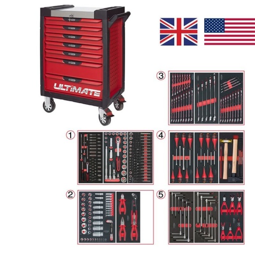 Servante Ultimate rouge 7 tiroirs avec composition 311 outils cote en pouce