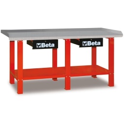 Etabli de travail beta - plan de travail en tôle galvanisée avec bord perimetral - structure en acier avec 6 pieds de support - capacité de charge statique : 1,2 tonnes - ajout possible de la paroi porte-outils c57p. non fixable au plan de travail. - deux tiroirs avec serrure. - prevu pour la fixation au sol - plateau: 2000x640mm - qualité premium beta depuis 1939