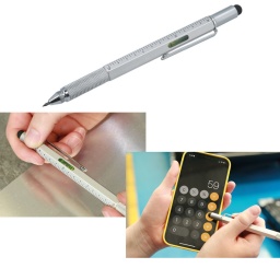 Outil compact multifonction, de type stylo, doté d'une pointe à tracer rétractable extra-fine en carbure de tungstène pour un marquage précis. Comprend également un stylet pour écran tactile, un niveau à bulle et une règle, ainsi qu'un tournevis de précision double face et un clip de poche pratique.

Pointe en carbure de tungstène, rétractable par rotation, pour traçage sur des matériaux durs tels que le verre, le métal, la céramique, etc.
Stylet pour écran tactile à utiliser sur les appareils mobiles et les tablettes.
Tournevis de précision à double extrémité plat et cruciforme.
Niveau à bulle et règle double incorporés pour la vérification et la mesure des surfaces.
En aluminium et acier. Dimensions : 12 mm (dia.) x 148 mm (L)