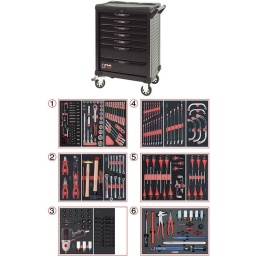 Servante d'atelier ks tools 7 tiroirs
- tiroir ouverture one by one antibasculement
- système fermeture centralisee par serrure
- plan de travail avec range visseries
- 4 roues robustes 125mm (2 directionelles avec freins)
- dimensions :
h 1016 x l 680 x p 455mm triroirs 
6 x h55xl565xp405mm 1 xh205xl565xp405mm charge par tiroirs 45kg
poids vide de la servante 54.5kg
résistance statique 500kg
servante atelier de la marque ks tools. avec noir complet du plus belle effet. parfaite pour une utilisation dans les milieux salissants (garage. industrie...)
Module 54 pièces douilles et accessoires 1/4’’ KS TOOLS Référence: 713.1020 
Chrome vanadium de haute qualité garantie à vie*.
- Cliquet réversible 72 dents
- 1x Poignée emmanchée 1/4’’
- 2x Rallonges 1/4’’ : L. 50 mm et L. 100 mm
- 1x Rallonge flexible : L. 150 mm
- 1x Poignée coulissante T : L. 115 mm
- 1x Cardan universel 1/4"
- 13x Douilles 1/4’’ : 4 - 4.5 - 5 - 5.5 - 6 - 7 - 8 - 9 - 10 - 11 - 12 - 13 - 14 mm
- 8x Douille longue 1/4" : 6 - 7 - 8 - 9 - 10 - 11 - 12 - 13
- 1x Porte embout 1/4" 
- 3x Embouts de vissage Fente 4 - 5.5 - 8 mm 
- 3x Embouts de vissage PHILLIPS® PH 1 - PH 2 - PH3 
- 2x Embouts de vissage POZIDRIV® PZ 1 - PZ 2 
- 6x Embouts de vissage 6 pans : 3 - 4 - 5 - 6 - 7 - 8 mm
- 7x Embouts de vissage TORX® profil E T10 - T15 - T20 - T25 - T27 - T30 - T40
​- 4x Embouts de vissage 12 pans : M4 - M5 - M6 - M8 
Module de douilles et accessoires ULTIMATE 1/2'' . 24 pièces KS TOOLS Référence : 713.1024 
- 1 x Cliquet réversible 72 dents
- 2 x Rallonges : 125 - 250 mm
- 1 x Cardan universel 1/2"
- 1 x Bague coulissante 3/8" x 1/2"
- 17 x Douilles : 10 - 11 - 12 - 13 - 14 - 15 - 16 - 17 - 18 - 19 - 20 - 21 - 22 - 24 - 27 - 30 - 32 mm
- 2 x Douilles longues : 16 - 21 mm
Module de clés mixtes à cliquet réversible GEARplus avec adaptateurs. 16 pièces KS TOOLS Référence : 713.2027 
- 12 x Clés mixtes : 8 - 9 - 10 - 11 - 12 - 13 - 14 - 15 - 16 - 17 - 18 - 19 mm
- 1 x Adaptateur pour embout de vissage : 1/4"
- 3 x Adaptateurs à verrouillage pour douilles : 1/4" - 3/8" - 1/2"
Module de clés mixtes ULTIMATE. 17 pièces KS TOOLS Référence : 713.2017 
Composition : 
- 17 x Clés mixtes : 6 - 7 - 8 - 9 - 10 - 11 - 12 - 13 - 14 - 15 - 16 - 17 - 18 - 19 - 20 - 21 - 22 mm
Module de clés mixtes ULTIMATE. 5 pièces KS TOOLS Référence : 713.2015 
- 5 x Clés mixtes : 24 - 27 - 29 - 30 - 32 mm
Module de clés polygonales demi-lunes. 5 pièces KS TOOLS Référence : 783.2005 
- 5 x Clés polygonales demi-lune : 10x12 - 11x13 - 14x17 - 16x18 - 19x22 mm
Module de pinces. 4 pièces KS TOOLS Référence : 713.4014 
- 1 x Pince coupante diagonale : L. 160 mm
- 1 x Pince universelle : L. 180 mm
- 1 x Pince à bec demi-rond : L. 200 mm
- 1 x Pince multiprises à verrouillage : L. 250 mm
Module d'outils de frappe manche bois. 9 pièces KS TOOLS Référence : 713.1101 
- 1 x Burin de carossier extra-plat : 250 mm
- 6 x Chasse goupilles brunis : 3 - 4 - 5 - 6 - 10 mm
- 1 x Marteau rivoir : 600g
- 1 x Maillet à embouts plastique interchangeables : 340g
Module de clés à pipe débouchées - 6 pans. 11 pièces KS TOOLS Référence : 713.2011 
- 11 x Clés à pipe débouchées : 8 - 10 - 11 - 12 - 13 - 14 - 15 - 16 - 17 - 18 - 19 mm 
Module de vissage. 28 pièces KS TOOLS Référence : 712.5028 
- 1 x Tournevis ULTIMATE tom pouce Fente : 6.5 mm
- 3 x Tournevis ULTIMATE Fente : 3.5 - 5.5 - 8 mm
- 1 x Tournevis ULTIMATE tom pouce PHILLIPS : PH2
- 3 x Tournevis ULTIMATE PHILLIPS : PH1 - PH2 - PH3
- 1 x Tournevis ULTIMATE tom pouce PROZIDRIV : PZ2
- 3 x Tournevis ULTIMATE POZIDRIV : PZ1 - PZ2 - PZ3
- 1 x Jeu de clés mâles 6 pans à tête sphérique longues : 2 - 2.5 - 3 - 4 - 5 - 6 - 8 - 10 mm
- 1 x Jeu de clés mâles TORX longues : T10 - T15 - T20 - T25 - T30 - T40 - T45 - T50
Module de tournevis ULTIMATE TORX. 6 pièces KS TOOLS Référence : 713.5013 
- 6 x Tournevis ULTIMATE TORX : T10 - T15 - T20 - T25 - T30 - T40 
Module de douilles et clé à chocs pneumatique 1/2''. 20 pièces KS TOOLS Référence: 712.1020 
- 1x Clé à chocs pneumatique 1/2’’ 1690Nm
- 14x douilles à choc : 12 - 13 - 14 - 15 - 16 - 17 - 18 - 19 - 21 - 22 - 24 - 27 - 30 - 32 mm
- 3x douilles à choc pour jante alu : 17 - 19 - 21 mm
- 1x rallonge à choc 1/2"
- 1x cardan à choc 125mm 
Module de douilles à chocs 1/2''. 16 pièces KS TOOLS Référence: 713.1016 
- 8 x Douilles tournevis à choc TORX® 1/2’’: T30 - T40 - T45 - T50 - T55 - T60 - T70 - T80
- 8 x Douilles tournevis à choc 6 pans 1/2’’: 5 - 6 - 8 - 10 - 12 - 14 - 17 - 19 mm
- poids 57kg
