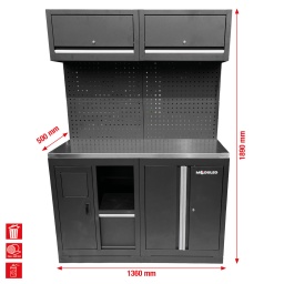 Structure robuste en t&ocirc;le d&rsquo;acier de 0,8&nbsp;mm d&rsquo;&eacute;paisseur
Rev&ecirc;tement par poudrage de haute qualit&eacute;
Syst&egrave;me modulaire
Aucune fixation murale n&eacute;cessaire&nbsp;: peut &ecirc;tre mont&eacute; de mani&egrave;re ind&eacute;pendante
Plan de travail en acier inoxydable de haute qualit&eacute; avec structure en MDF
Deux lampes LED incluses pour un &eacute;clairage optimal de la zone de travail
Avec support pour rouleau de papier, largeur 260&nbsp;mm
Glissi&egrave;re &agrave; roulements &agrave; billes
Armoire basse avec 2&nbsp;&eacute;tag&egrave;res
Armoire suspendue avec 2&nbsp;v&eacute;rins &agrave; gaz
Panneau post&eacute;rieur avec perforation carr&eacute;e pour crochets, &oelig;illets et autre mat&eacute;riel de fixation (matrice du trou 10 x 10&nbsp;mm, d&eacute;coupe 38&nbsp;mm)
Capacit&eacute; de charge des armoires suspendues jusqu&rsquo;&agrave; 30&nbsp;kg
Capacit&eacute; de charge des &eacute;tag&egrave;res jusqu&rsquo;&agrave; 25&nbsp;kg
Pieds r&eacute;glables pour un alignement pr&eacute;cis sur les sols irr&eacute;guliers
Les plinthes cachent les pieds de r&eacute;glage et emp&ecirc;chent l&rsquo;accumulation de salet&eacute;s
Composants verrouillables pour plus de s&eacute;curit&eacute;
