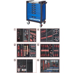 Servante d'atelier 7 tiroirs Ultimate
- Composition 231 outils pour mécanicien automobile
Tiroir 1 : Douille 1/4 - douille 1/2 - clé cliquet réversible
Tiroir 2: pinces, martellerie, clés pipes
Tiroir 3: clé à choc monster 1708Nm + douilles chocs 6 pans, allen, torx
Tiroir 4: clés mixte, clés demi lune
Tiroir 5: tournevis plats, cruciformes, torx, jeux clé allen et torx
Tiroir 6: clé dynamométrique 20-200Nm + essentiel démontage pneus (tire valve, démonte obus, démonte pneus...)
la servante d'atelier kstools. série ultimate. est le modèle de desserte d'atelier. le plus haut de gamme  de la marque. ks tools. 
les tiroirs de la servante d'atelier ultimate, possedent un système de glissière à roulements à billes (résistance 45kg). Equipé du système "one by one"., ouverture d'un seul tiroir a la fois, vous pouvez deplacer votre servante d'atelier sans forcement l'a fermer a clé !
Les tiroirs de cette servante ont une grande capacité. 40cm de profondeur par 57cm de largeur, tout les tiroirs de cette servante d'atelier sont fournis avec un tapis mousse, a installer au fond. 
Le plan de travail des servantes d'atelier Ultimate est recouvert d'un plateau inox et de boitier "range visserie" sur les cotés,
Au niveau du chassis, les pans de cette servante d'atelier sont perfores, se qui vous permet l'instalation de nombreuses options. tel que. un dérouleur de papier, des crochets de fixations...
Cette gamme  de servante d'atelier repond parfaitement au rangement pour le mécanicien, carrossier, mais aussi pour les métiers de l'industrie (rangement d'outils de tours / fraiseuse...) ainsi que des domaines tel que le medical. l'aéronotique...
- construction a pans coupés renforçant la structure du bati
- système "one by one" antibasculement 
- panneau lateral déporté et pré-percé pour fixation de crochet et accessoires
- 2 roues fixes grand diamètre pour une meilleure stabilite et un déplacement aise sur tous types de sols
- 2 roues pivotantes avec système de freinage total
- plan de travail avec rangements et recouvert inox
- tiroirs sur glissieres à billes extra-resistant (45 kg par tiroir)
- tiroirs à ouverture totale
- fermeture totale et simultanee des tiroirs par serrure 
- poignée tubulaire de manutention
- finition "Ultimate"
Module 54 pièces douilles et accessoires 1/4’’ KS TOOLS   Référence: 713.1020                     
Chrome vanadium de haute qualité garantie à vie*.
- Cliquet réversible 72 dents
- 1x Poignée emmanchée 1/4’’
- 2x Rallonges 1/4’’ : L. 50 mm et L. 100 mm
- 1x Rallonge flexible : L. 150 mm
- 1x Poignée coulissante T : L. 115 mm
- 1x Cardan universel 1/4"
- 13x Douilles 1/4’’ : 4 - 4,5 - 5 - 5,5 - 6 - 7 - 8 - 9 - 10 - 11 - 12 - 13 - 14 mm
- 8x Douille longue 1/4" : 6 - 7 - 8 - 9 - 10 - 11 - 12 - 13
- 1x Porte embout 1/4" 
- 3x Embouts de vissage Fente 4 - 5,5 - 8 mm 
- 3x Embouts de vissage PHILLIPS® PH 1 - PH 2 - PH3 
- 2x Embouts de vissage POZIDRIV® PZ 1 - PZ 2 
- 6x Embouts de vissage 6 pans : 3 - 4 - 5 - 6 - 7 - 8  mm
- 7x Embouts de vissage TORX® profil E T10 - T15 - T20 - T25 - T27 - T30 - T40
​- 4x Embouts de vissage 12 pans : M4 - M5 - M6 - M8 
Module de douilles et accessoires ULTIMATE 1/2'' , 24 pièces KS TOOLS  Référence : 713.1024   
- 1 x Cliquet réversible 72 dents
- 2 x Rallonges : 125 - 250 mm
- 1 x Cardan universel 1/2"
- 1 x Bague coulissante 3/8" x 1/2"
- 17 x Douilles : 10 - 11 - 12 - 13 - 14 - 15 - 16 - 17 - 18 - 19 - 20 - 21 - 22 - 24 - 27 - 30 - 32 mm
- 2 x Douilles longues : 16 - 21 mm
Module de clés mixtes à cliquet réversible GEARplus avec adaptateurs, 16 pièces KS TOOLS  Référence : 713.2027     
- 12 x Clés mixtes : 8 - 9 - 10 - 11 - 12 - 13 - 14 - 15 - 16 - 17 - 18 - 19 mm
- 1 x Adaptateur pour embout de vissage : 1/4"
- 3 x Adaptateurs à verrouillage pour douilles : 1/4" - 3/8" - 1/2"
Module de clés mixtes ULTIMATE, 17 pièces KS TOOLS Référence : 713.2017    
Composition : 
- 17 x Clés mixtes : 6 - 7 - 8 - 9 - 10 - 11 - 12 - 13 - 14 - 15 - 16 - 17 - 18 - 19 - 20 - 21 - 22 mm
Module de clés mixtes ULTIMATE, 5 pièces KS TOOLS  Référence : 713.2015   
- 5 x Clés mixtes : 24 - 27 - 29 - 30 - 32 mm
Module de clés polygonales demi-lunes, 5 pièces KS TOOLS  Référence : 783.2005   
- 5 x Clés polygonales demi-lune : 10x12 - 11x13 - 14x17 - 16x18 - 19x22 mm
Module de pinces, 4 pièces KS TOOLS   Référence : 713.4014   
- 1 x Pince coupante diagonale : L. 160 mm
- 1 x Pince universelle : L. 180 mm
- 1 x Pince à bec demi-rond : L. 200 mm
- 1 x Pince multiprises à verrouillage : L. 250 mm
Module d'outils de frappe manche bois, 9 pièces KS TOOLS   Référence : 713.1101   
- 1 x Burin de carossier extra-plat : 250 mm
- 6 x Chasse goupilles brunis : 3 - 4 - 5 - 6 - 10 mm
- 1 x Marteau rivoir : 600g
- 1 x Maillet à embouts plastique interchangeables : 340g
Module de clés à pipe débouchées - 6 pans, 11 pièces KS TOOLS   Référence : 713.2011   
- 11 x Clés à pipe débouchées : 8 - 10 - 11 - 12 - 13 - 14 - 15 - 16 - 17 - 18 - 19 mm 
Module de vissage, 28 pièces KS TOOLS  Référence : 712.5028   
- 1 x Tournevis ULTIMATE tom pouce Fente : 6,5 mm
- 3 x Tournevis ULTIMATE Fente : 3,5 - 5,5 - 8 mm
- 1 x Tournevis ULTIMATE tom pouce PHILLIPS : PH2
- 3 x Tournevis ULTIMATE PHILLIPS : PH1 - PH2 - PH3
- 1 x Tournevis ULTIMATE tom pouce PROZIDRIV : PZ2
- 3 x Tournevis ULTIMATE POZIDRIV : PZ1 - PZ2 - PZ3
- 1 x Jeu de clés mâles 6 pans à tête sphérique longues : 2 - 2,5 - 3 - 4 - 5 - 6 - 8 - 10 mm
- 1 x Jeu de clés mâles TORX longues : T10 - T15 - T20 - T25 - T30 - T40 - T45 - T50
Module de tournevis ULTIMATE TORX, 6 pièces KS TOOLS  Référence : 713.5013 
- 6 x Tournevis ULTIMATE TORX : T10 - T15 - T20 - T25 - T30 - T40 
Module de douilles et clé à chocs pneumatique 1/2'', 20 pièces KS TOOLS  Référence: 712.1020   
- 1x Clé à chocs pneumatique 1/2’’ 1690Nm
- 14x douilles à choc : 12 - 13 - 14 - 15 - 16 - 17 - 18 - 19 - 21 - 22 - 24 - 27 - 30 - 32 mm
- 3x douilles à choc pour jante alu : 17 - 19 - 21 mm
- 1x rallonge à choc 1/2"
- 1x cardan à choc 125mm 
Module de douilles à chocs 1/2'', 16 pièces KS TOOLS  Référence: 713.1016   
- 8 x Douilles tournevis à choc TORX® 1/2’’: T30 - T40 - T45 - T50 - T55 - T60 - T70 - T80
- 8 x Douilles tournevis à choc 6 pans 1/2’’: 5 - 6 - 8 - 10 - 12 - 14 - 17 - 19 mm
- poids 57kg
- dimension hors tout : l678xl459xh859 (hauteur avec roues 1035mm 
- roue dia 125mm larg 50mm 