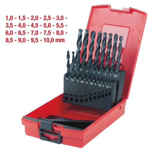 Coffret de forets HSS-R lamin&eacute;s 19 pcs en box PVC 1-10mm